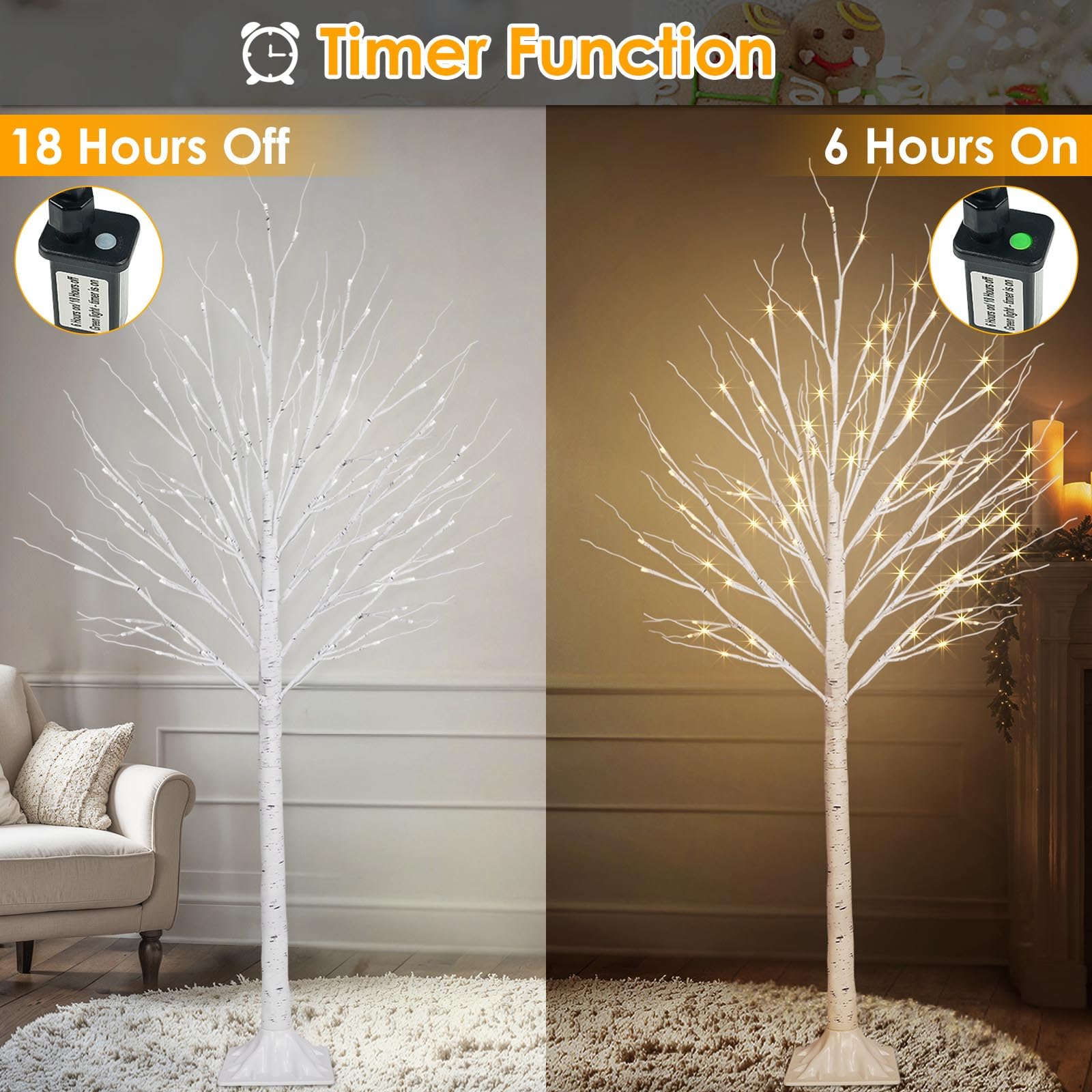 2 Pack 5FT 200LED Christmas Lighted Birch Tree, Timer Function Prelit Artificial Tree Lamp Plug in with Warm White Lights, 2 Mod