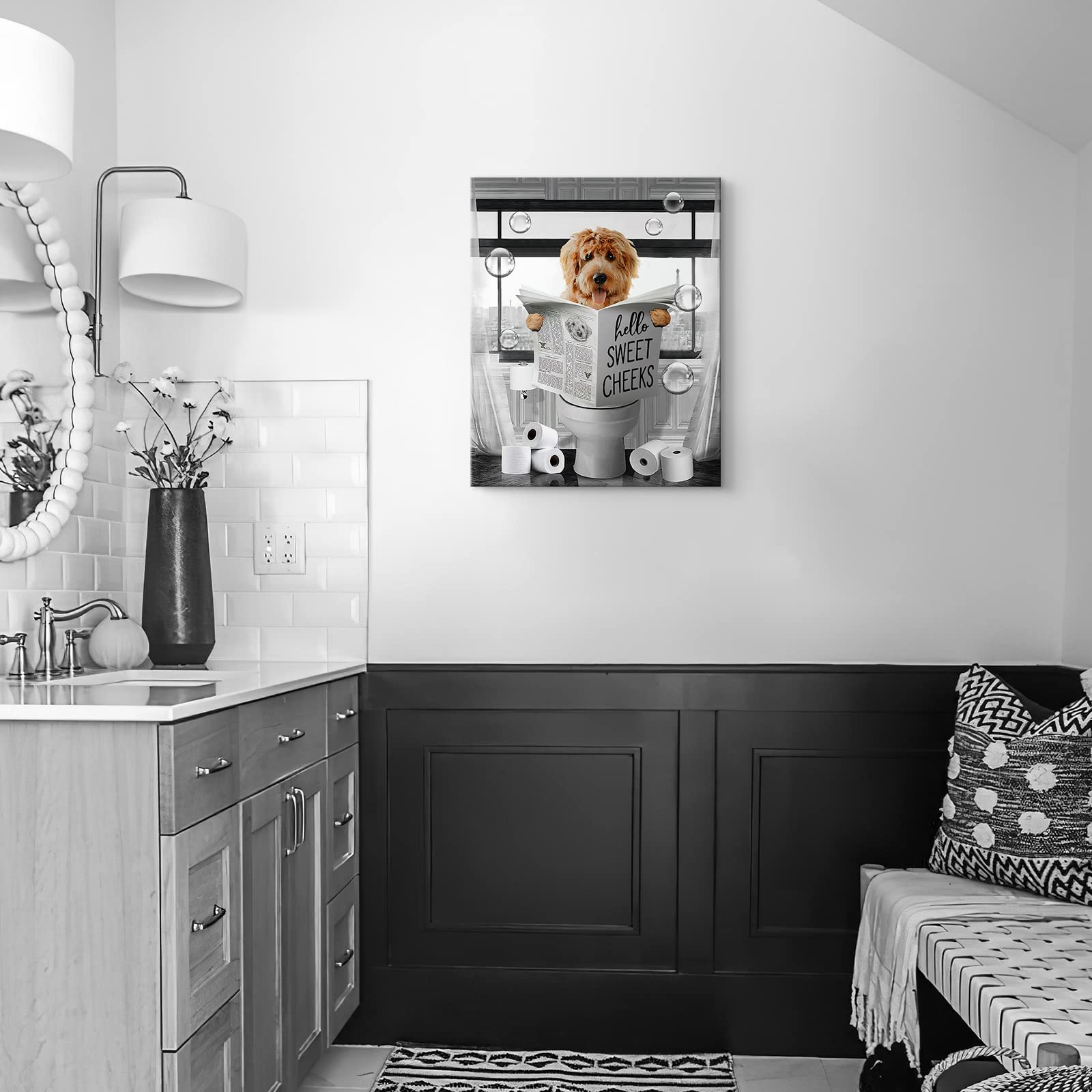 Funny Dog Wall Art Black And White Dog Bathroom Print Farmhouse Bathroom Animals Wall Decor Dog Sitting In Toilet Reading Newspa