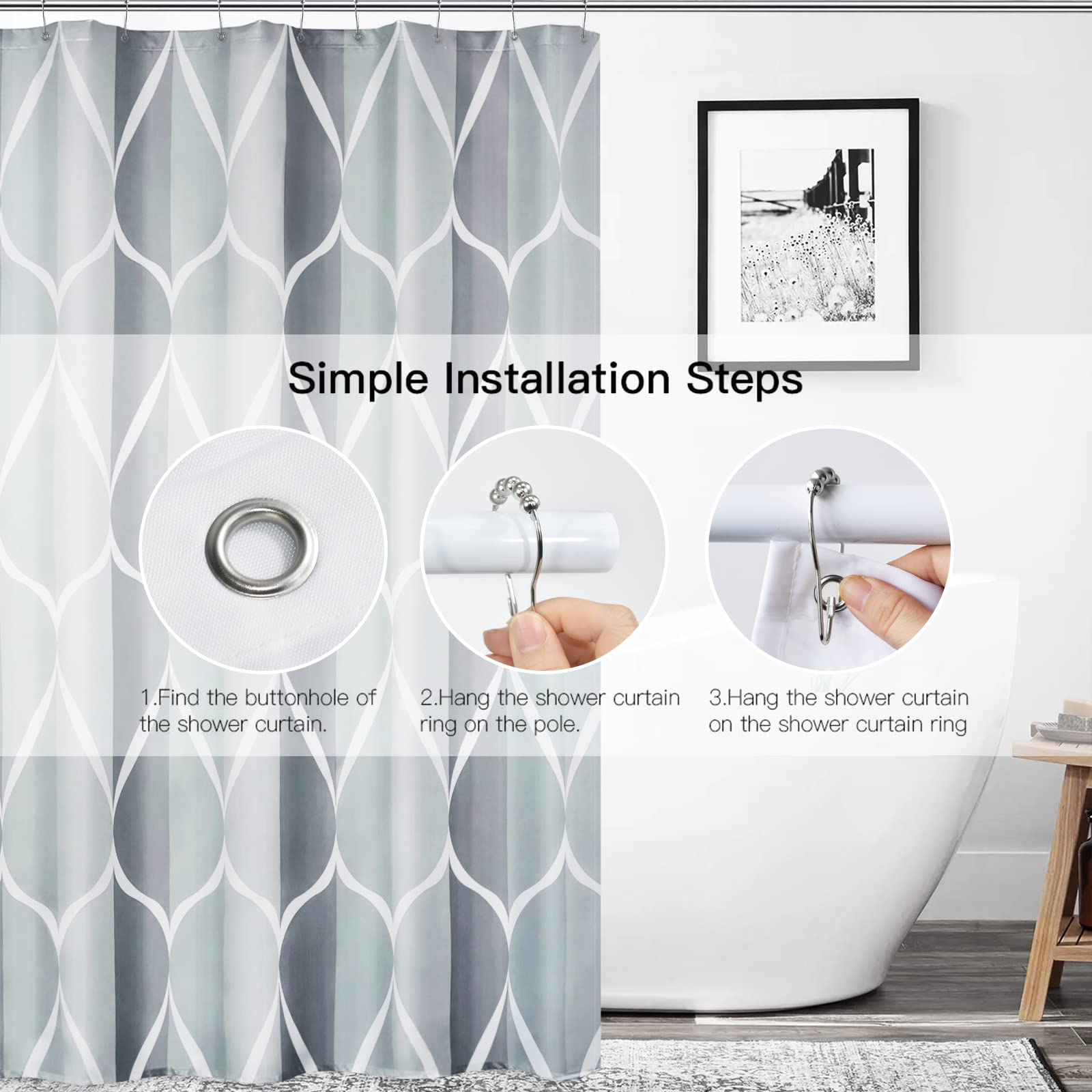 Gelbchu Grey Fabric Shower Curtain, Waterproof Design And Polyester, Quick-Drying, Weighted Hem, Shower Curtains Set For Bathroo