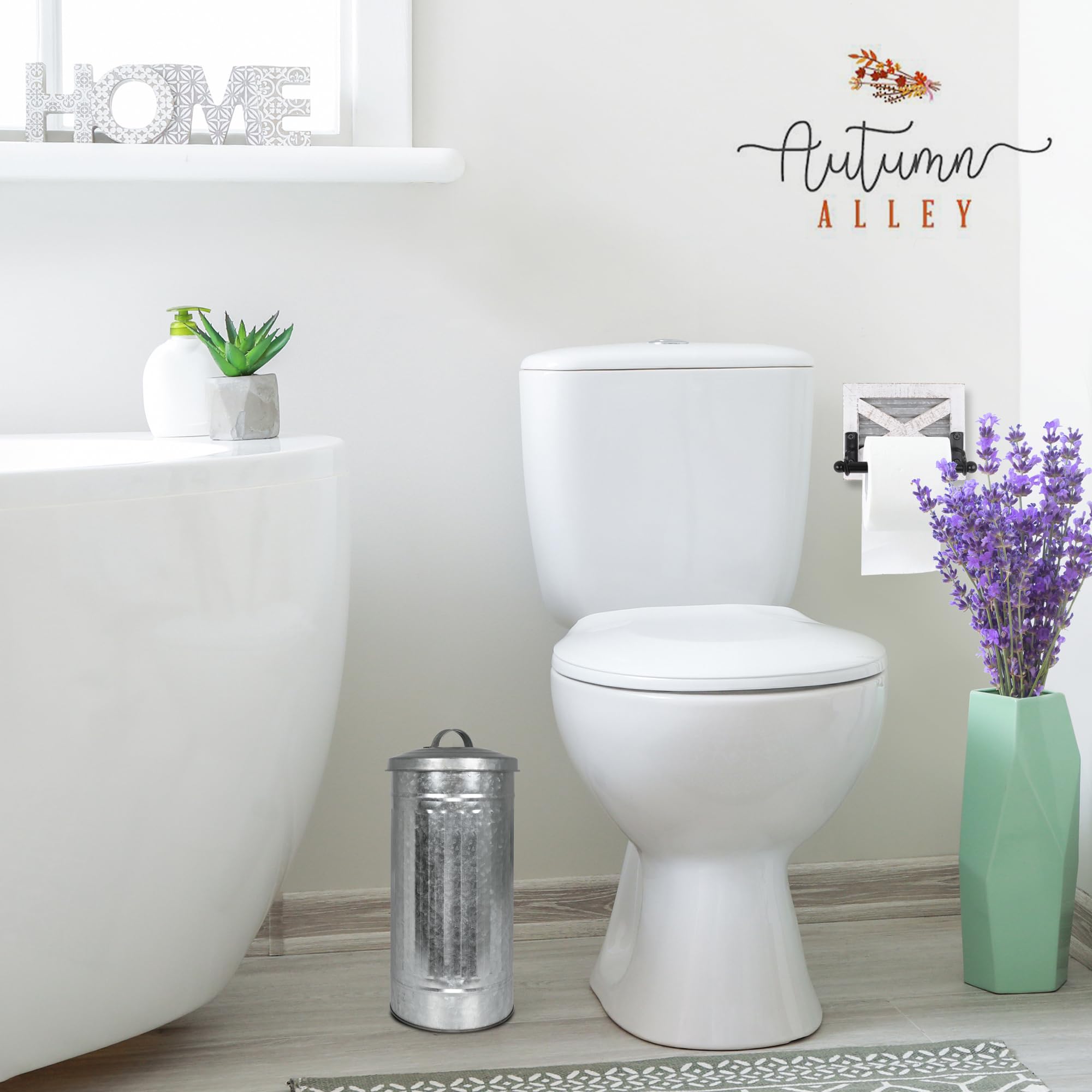 Autumn Alley Farmhouse Galvanized Metal Free Standing Toilet Paper Holder Organizer Stand Canister with Lid - Fits 3 Mega Rolls  Rustic Behind/Beside Toilet Storage Stand