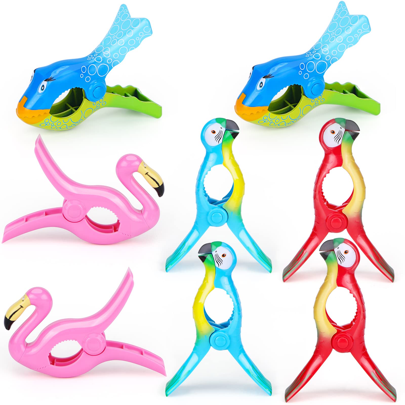 8 Pcs Beach Towel Clips Flamingo Parrot Chair Holders Portable Beach Chair Clips Cute Clothes Pins Bright Colors Jumbo Size Towe