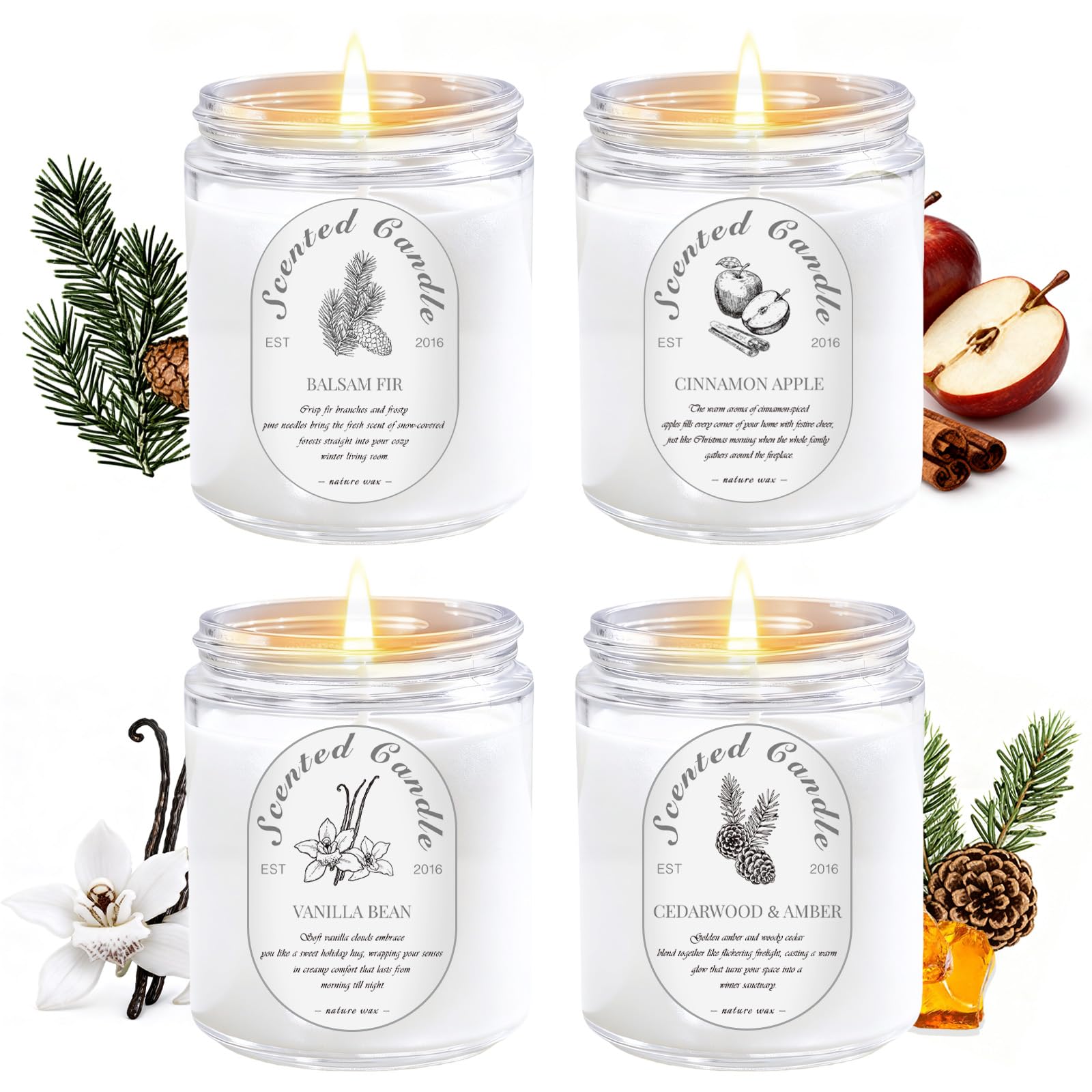 Winter Candle Gift Set, 4 Pack 28oz Soy Wax Scented Candles for Home - Cinnamon Apple, Balsam Fir, Vanilla Bean, Cedarwood & Amb