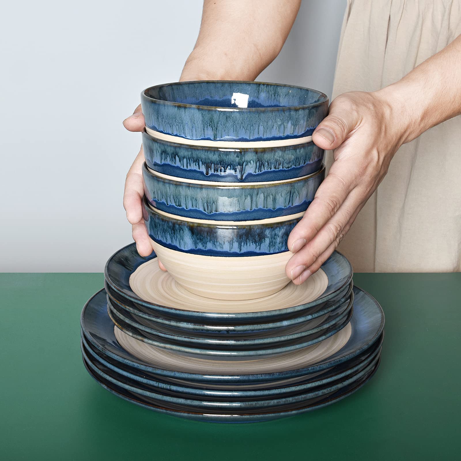 Bosmarlin Stoneware Soup Bowl Set Of 4, 26 Oz, Cereal Bowl For Oatmeal, Dishwasher And Microwave Safe, Reactive Glaze (Deep Blue