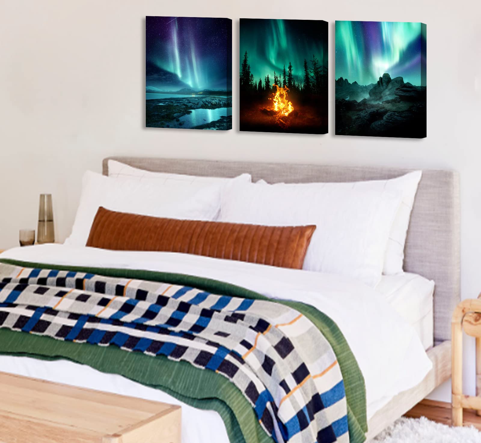 Wall Decor Living Room Bedroom Northern Lights 3 Panel Canvas wall art Paintings for Wall Decorations Modern Bathroom Office Aurora Polaris Nature Landscape 12''x16''x3 Framed Ready to Hang