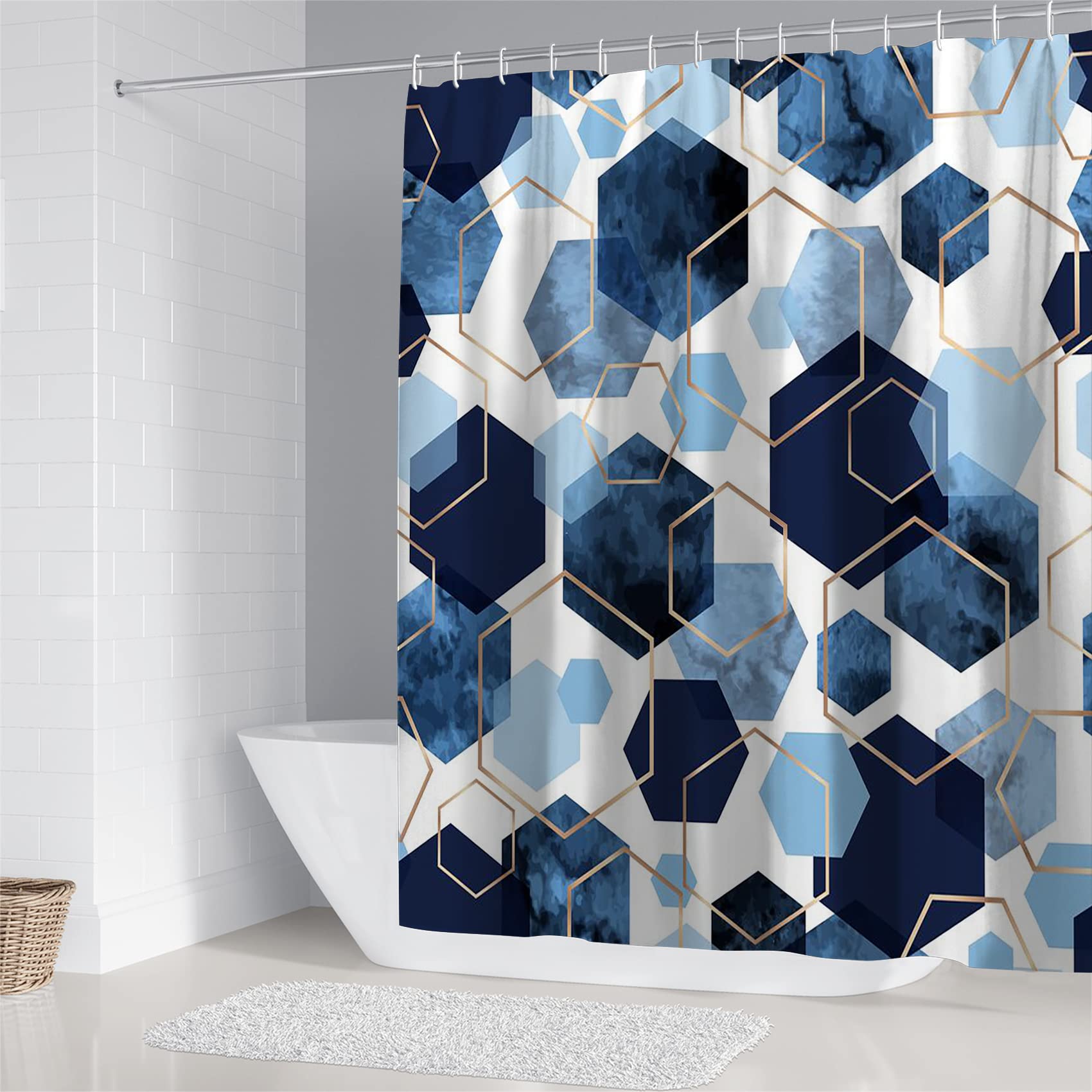 Lqcool 4Pcs Sky Blue Geometric Shower Curtain Set With Navy Blue Abstract Art, 12 Hooks, Bath Mat And Rugs