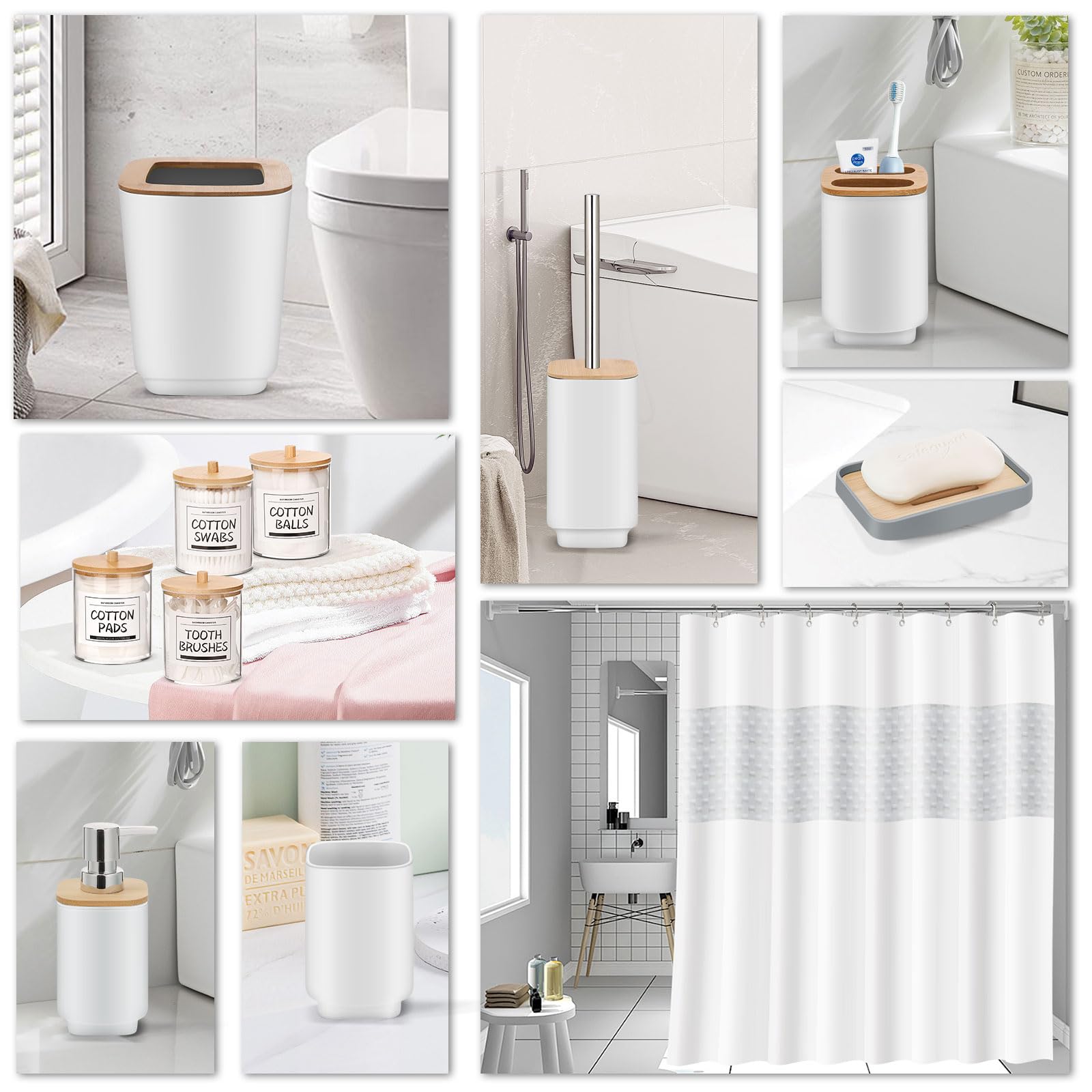 Imavo White Bathroom Set,24 Pcs Bathroom Accessories Set With Shower Curtain,Tray,Trash Can,Soap Dispenser,Soap Dish, Toothbrush