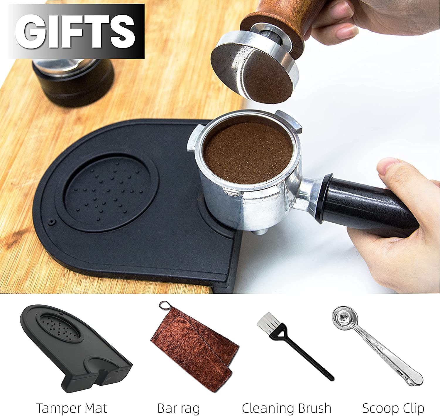 Neouza 58Mm Calibrated Espresso Tamper,Coffee Tamper With Wooden Handle And Spring Loaded Flat,Stainless Steel Base