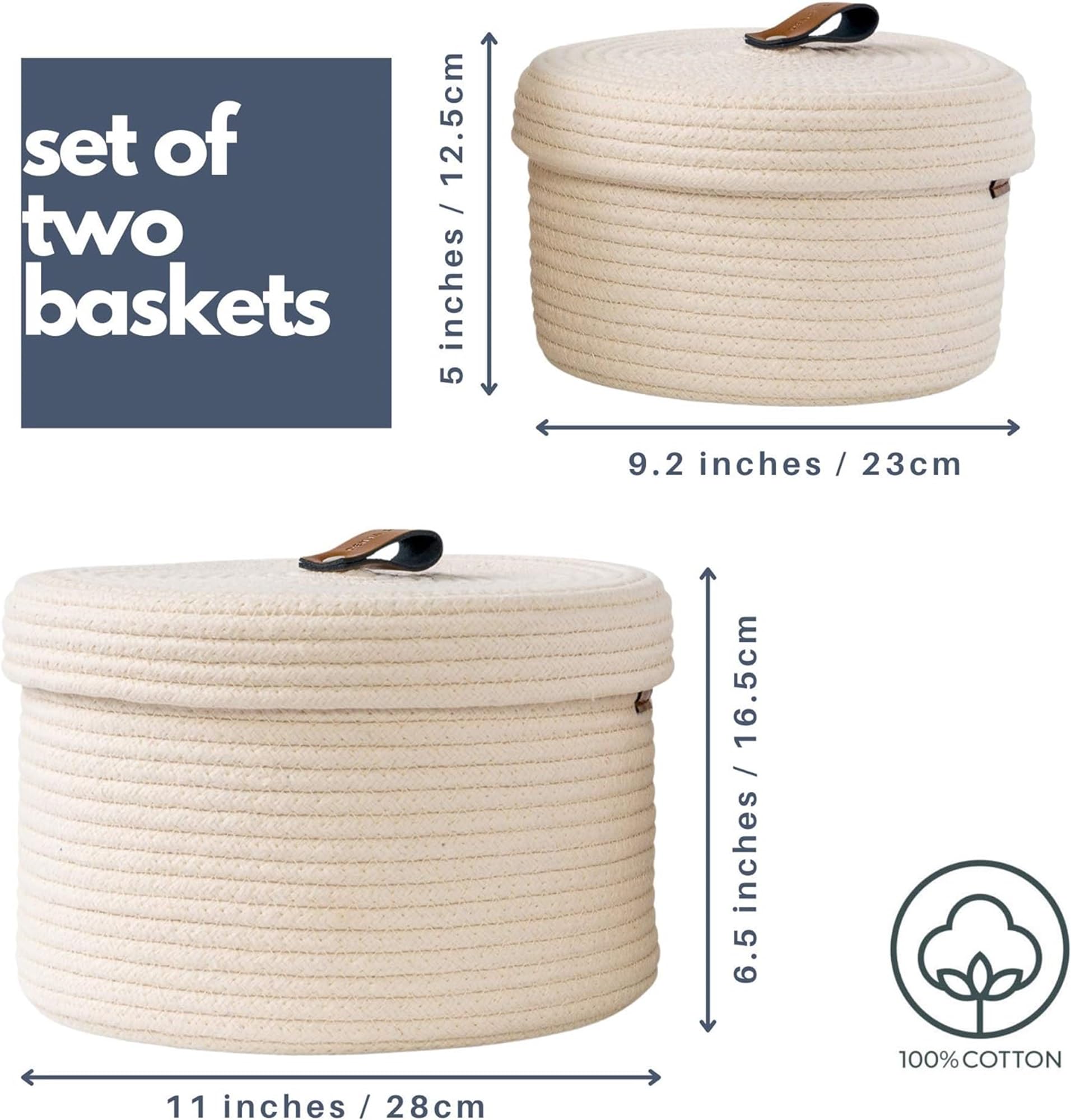 Denja & Co Set Of 2 Decorative Storage Baskets With Lids - Round Woven Baskets For Home Decor And Organizing - Small Shelf Baske