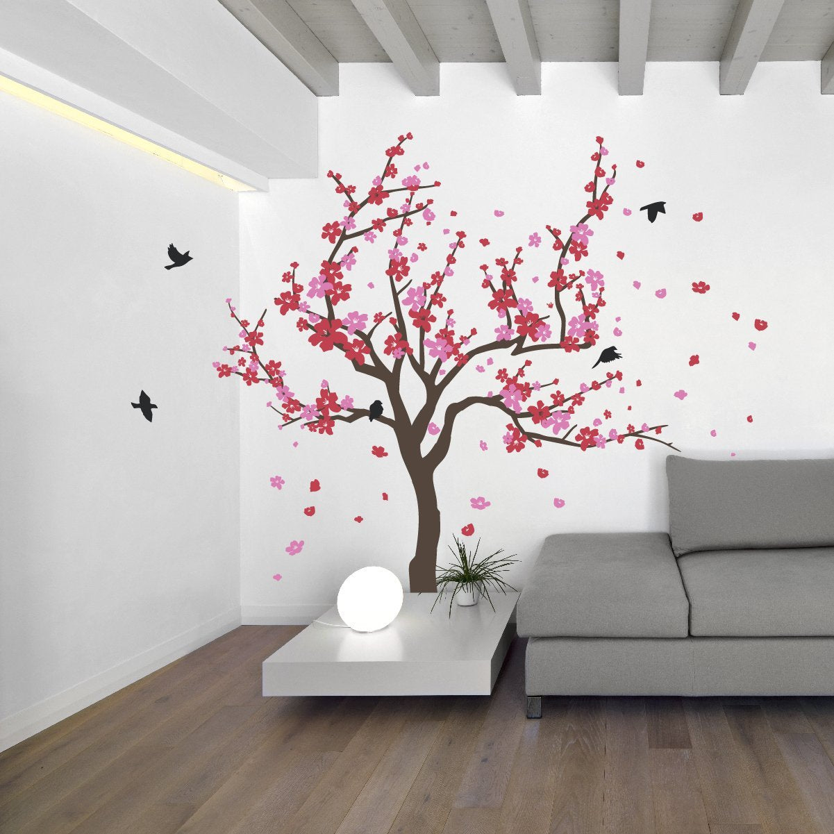 Japanese Cherry Blossom Tree And Birds Wall Decal Sticker For Flower Baby Nursery Room Decor Art (Red & Pink, 60X90 Inches)