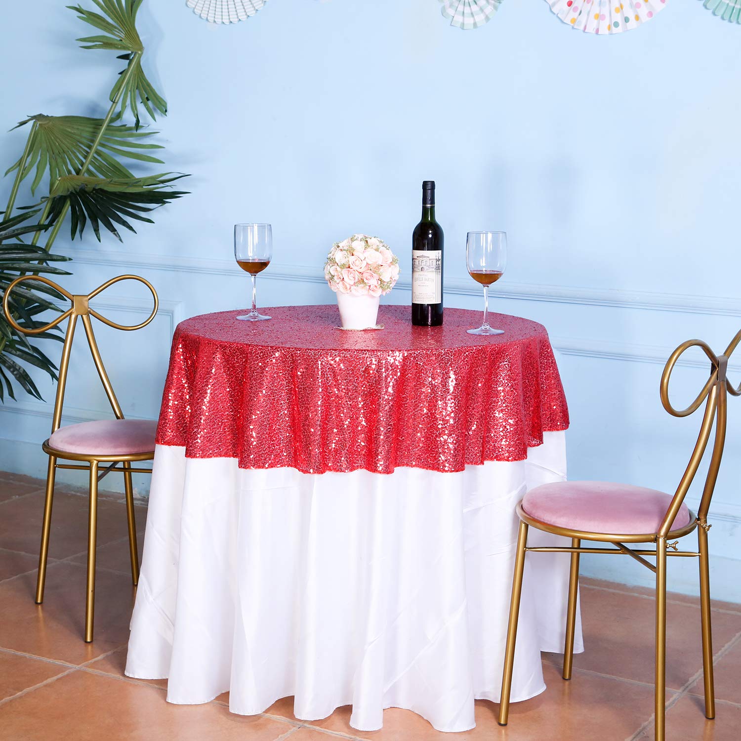 Eternal Beauty Red 48'' Round Sequin Tablecloth- Sparkly Sequin Overlay For Wedding Party/Dessert Table/Christmas Decoration(48-