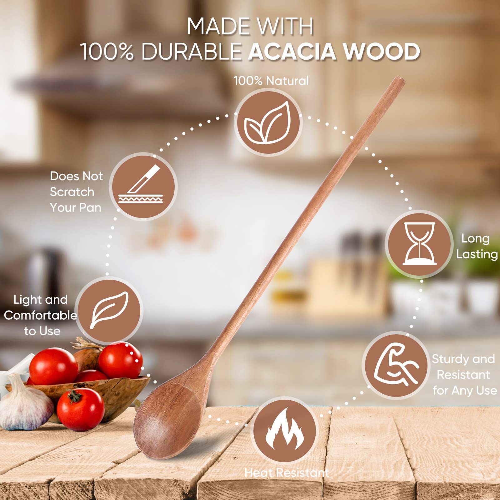 4 Pieces Acacia Wooden Spoon 8, 10, 12, 14 Inch Mixing Wooden Utensils Cooking Spoon For Kitchen Mixing Salad Tasting Baking Sti