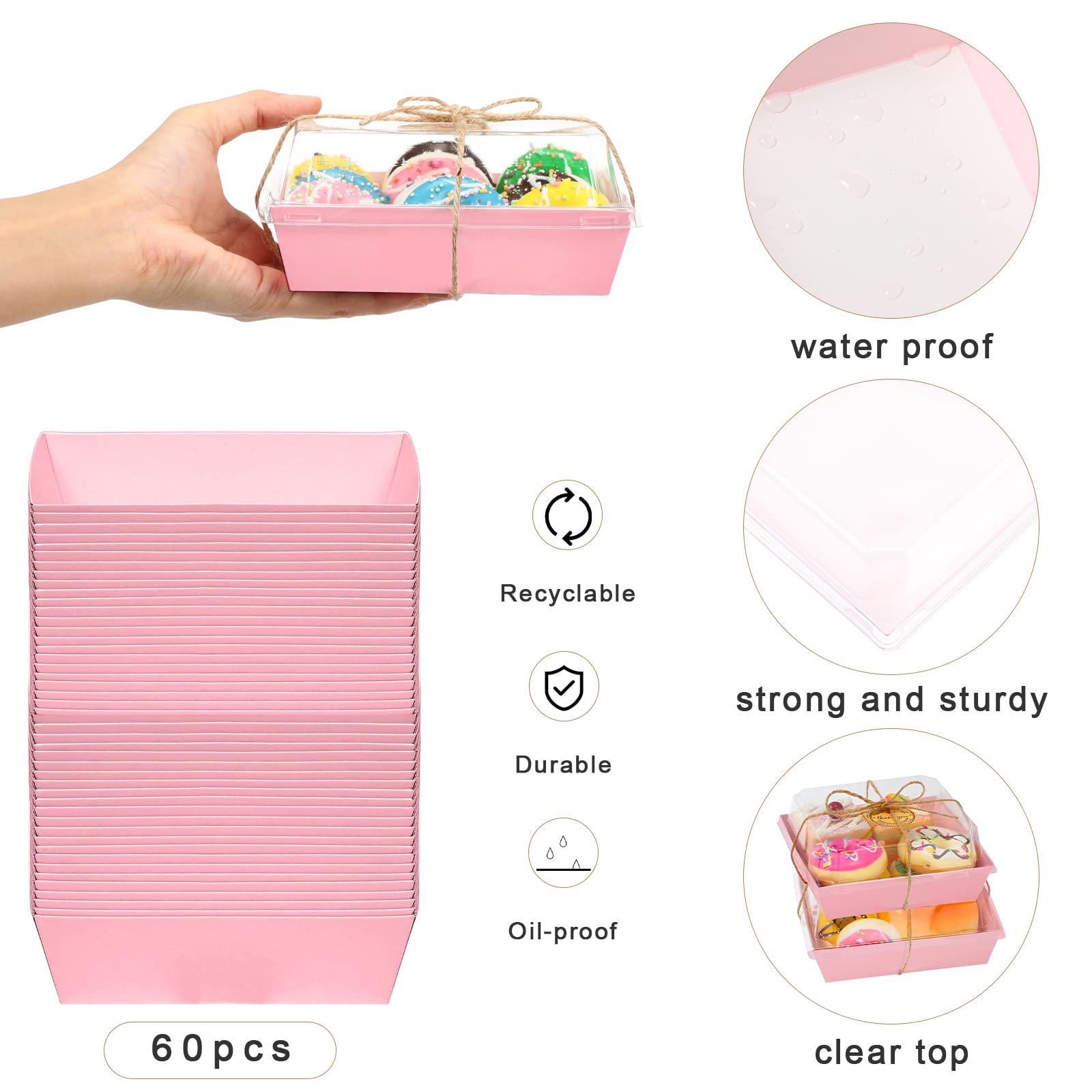 60 Pack Paper Charcuterie Boxes with Clear Secure Lids  5 Inches Disposable Food Containers with 55yd Twine and 60 Pcs Thank You Sticker Square Paper Boxes for Bakery  Cakes  Sandwich  Cookies (Pink)
