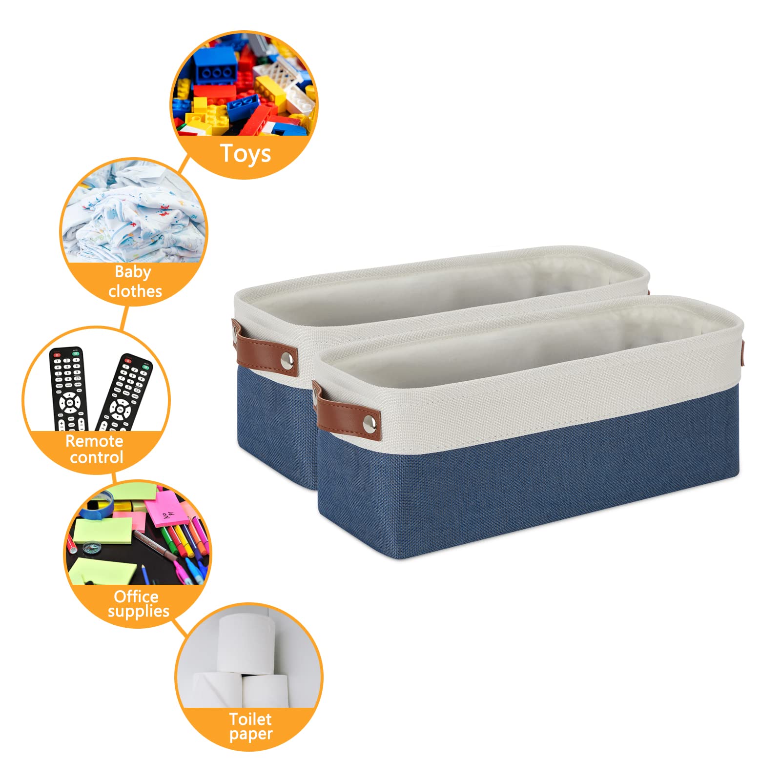 DULLEMELO Toilet Paper Baskets for Storage 15''x6''x5.5'' Small Rectangular Baskets for Towels [2 Pack] Collapsible Fabric for Organizing Closet Shelf Toys (White&Blue)