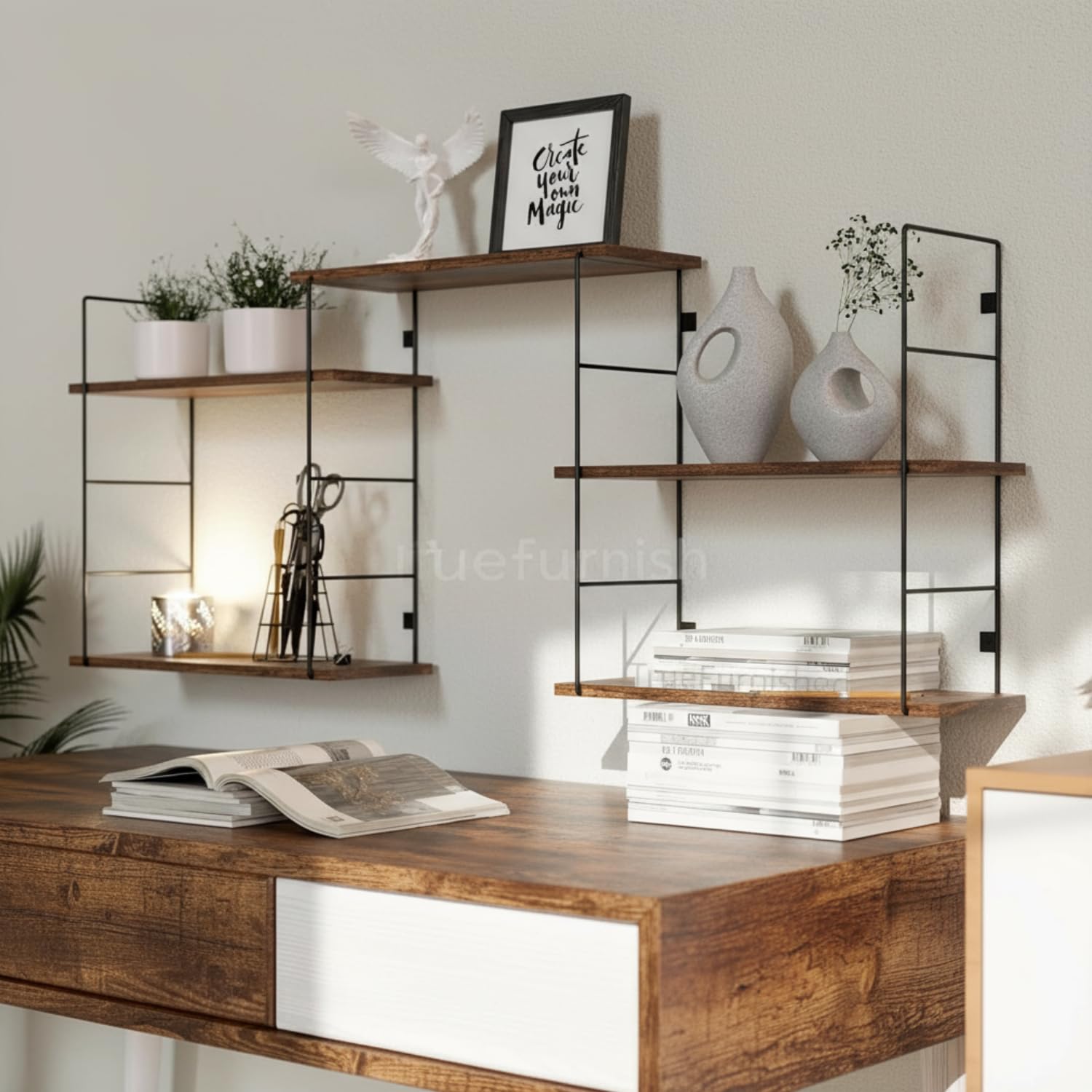 Truefurnished Floating Shelves For Living Room Bedroom Bathroom Kitchen White Rustic Wood Wall Mounted Shelves With Metal Bracke