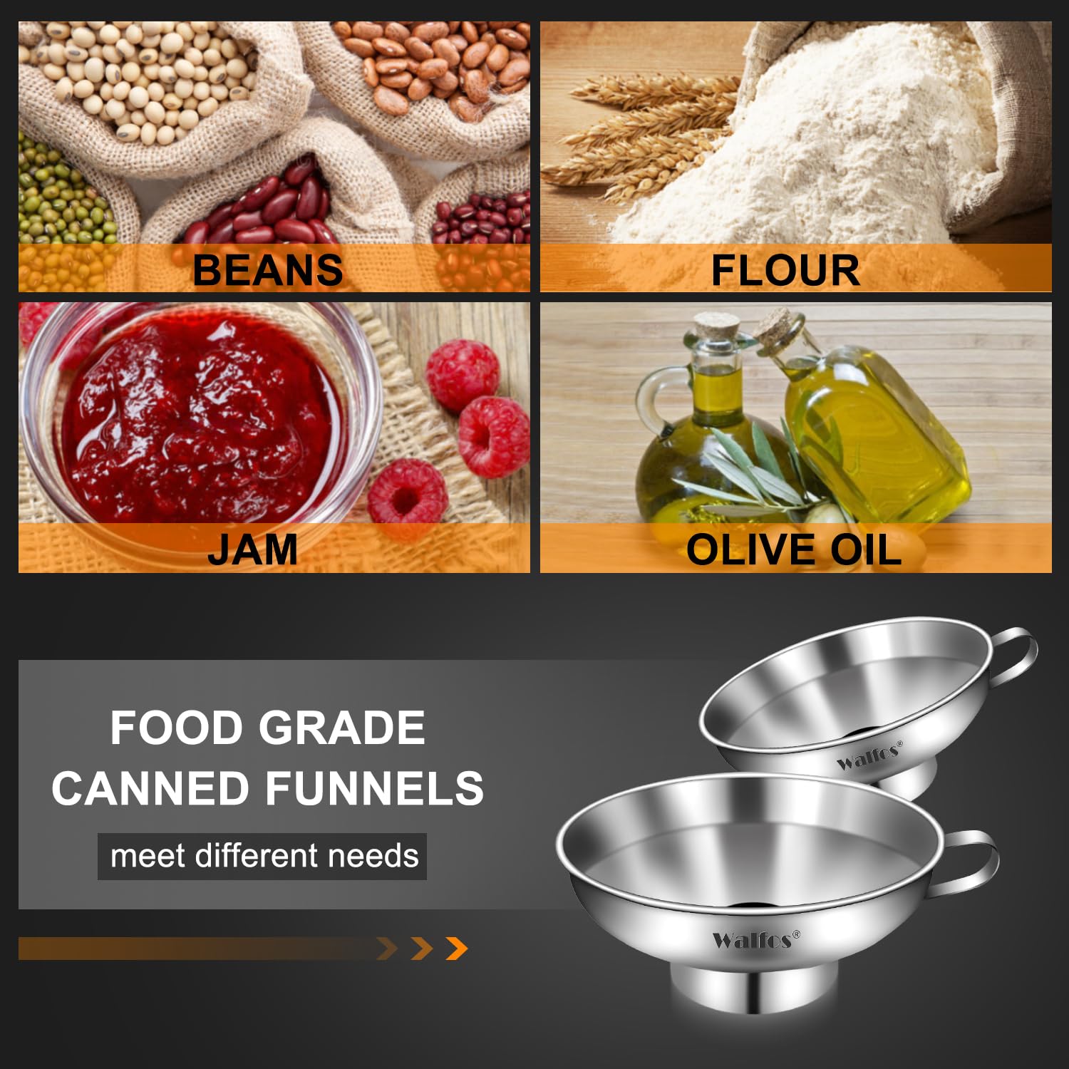 Walfos 2 Pack (4In & 5.5In) Stainless Steel Wide-Mouth Funnel With Handle For Wide And Regular Mason Jars Canning Jars, Wide-Mou