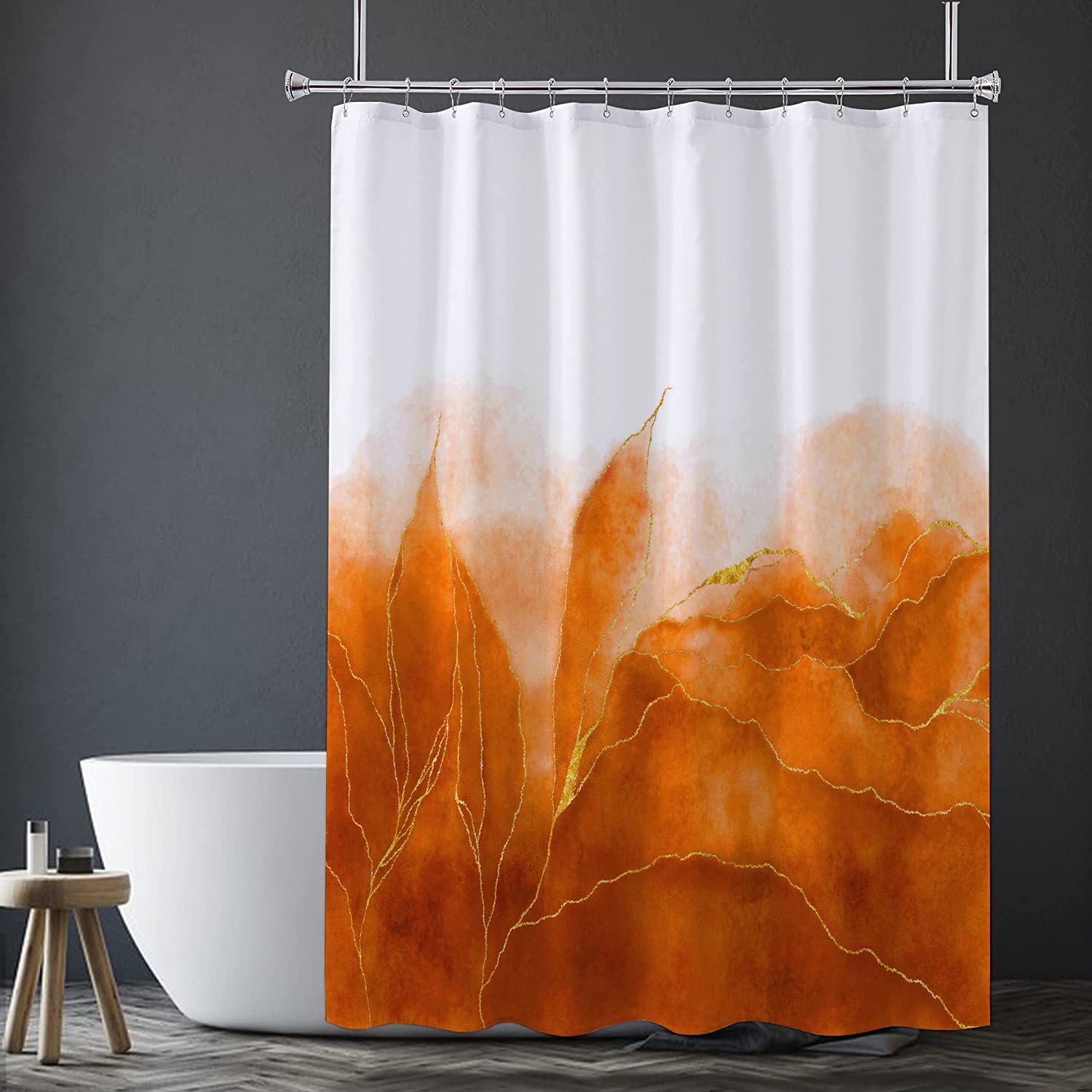 De-Mediocre Orange Marble Shower Curtain Stylish Boho Ombre Orange and Gold Marble Bathroom Curtains Abstract White Golden Fabric Waterproof Polyester 72 x 72 Inches