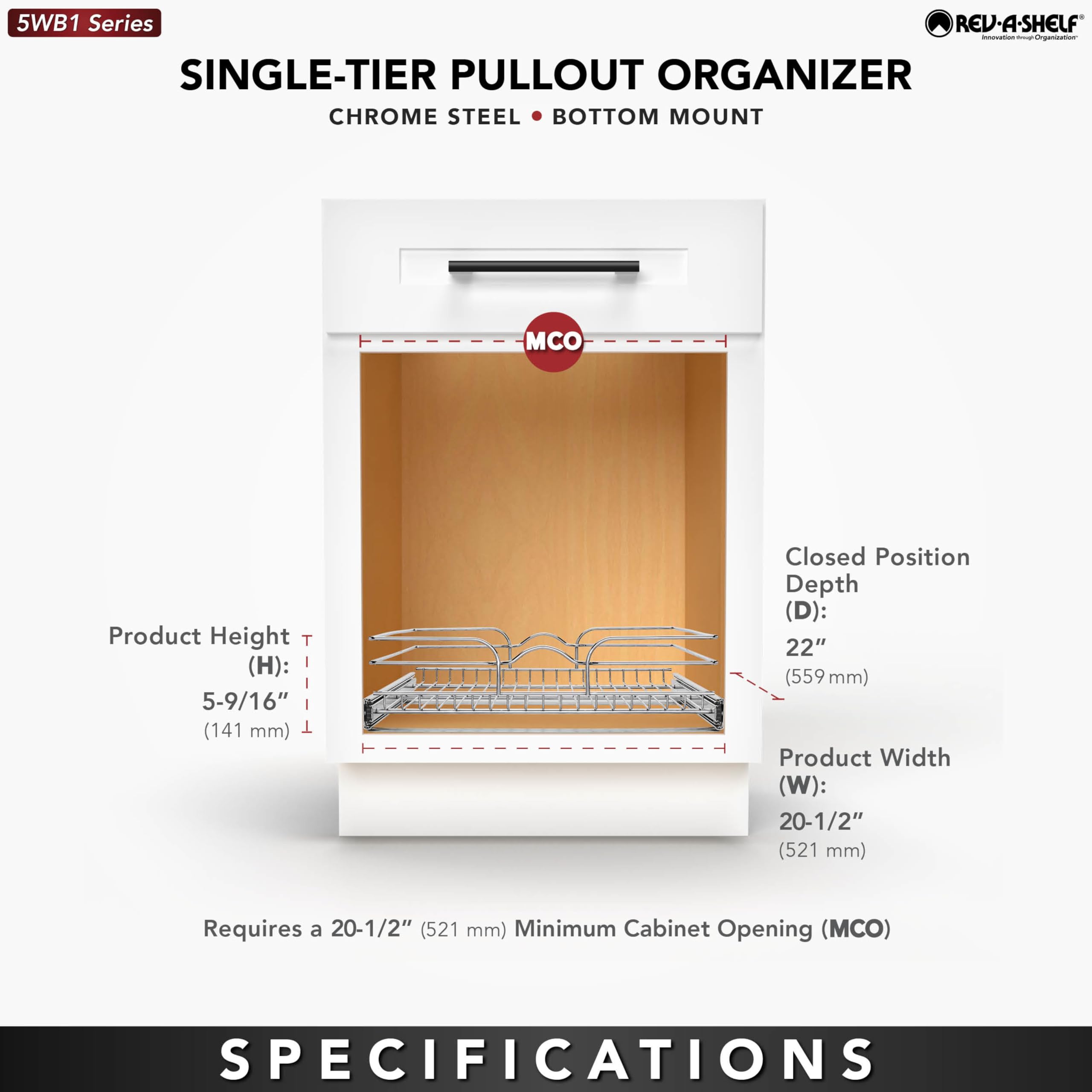 Rev-A-Shelf Kitchen Cabinet Pullout Shelf And Drawer Organizer Slide Out Pantry Storage Basket In Multiple Sizes, 21 X 22 In, 5W