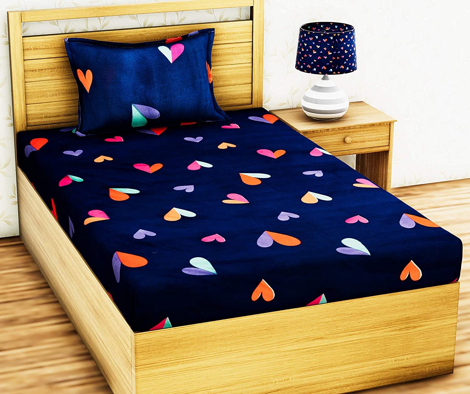 T Tungol Elastic Fitted Glace Cotton Single Bedsheet With One Pillow Covers(For 4-6 Inches Mattress) (Dil Print)