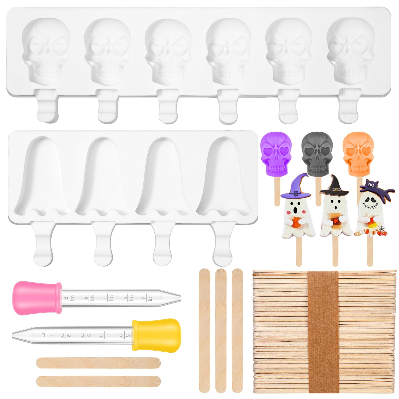 FillTouch 2 Pack Halloween Silicone Ice Cream Mold Homemade Cakesicle Mold Kits Silicone Ghost Skull Ice Pops with 50 Wooden Sti