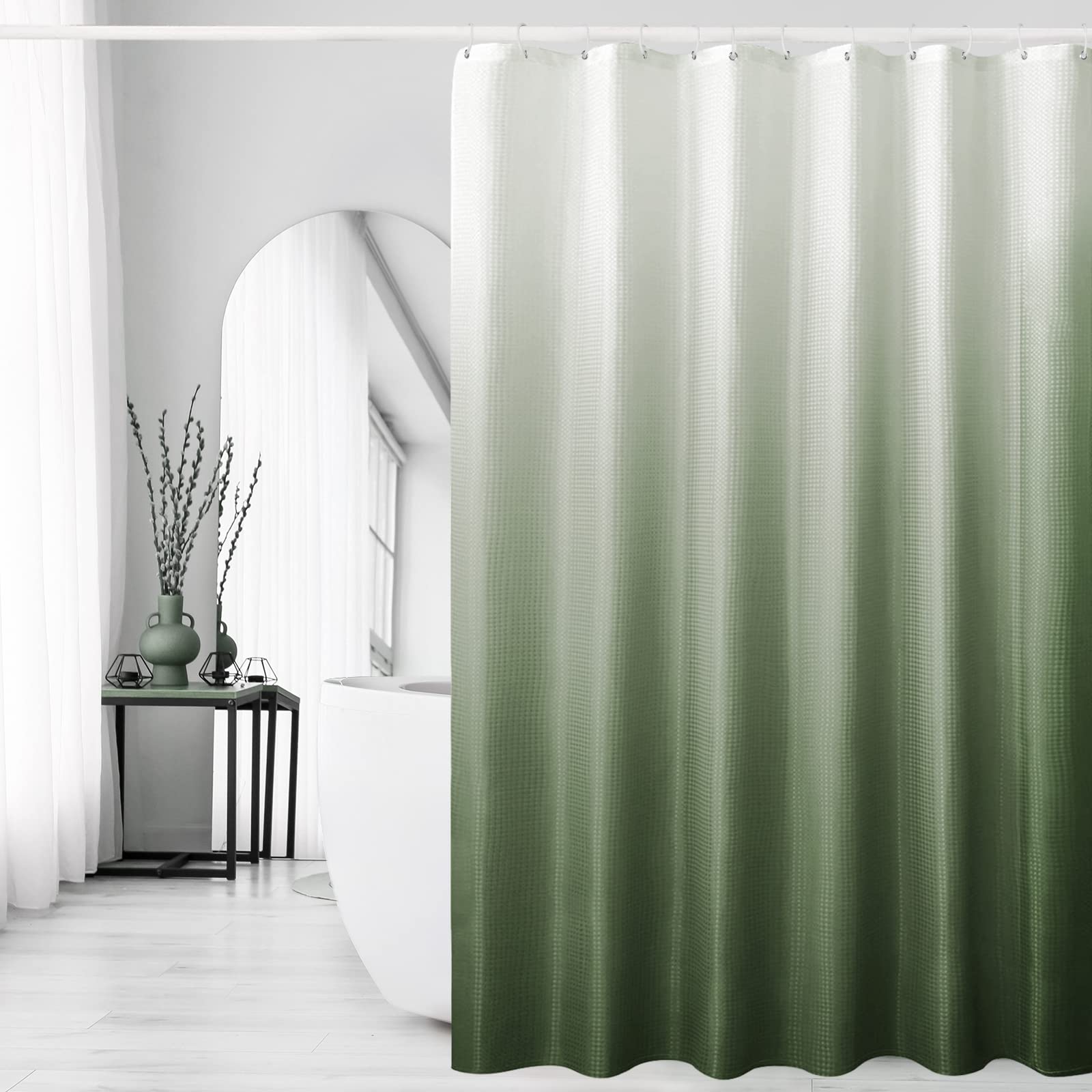 Gibelle Sage Green Shower Curtain, Ombre Shower Curtains For Bathroom, Waffle Weave Textured Fabric Shower Curtain Set With Hook
