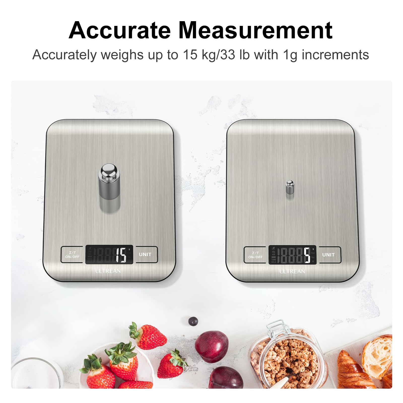 Ultrean Food Scale, 33lb Digital Kitchen Scale for Food Ounces Grams, 304 Stainless Steel, Type-C Charging and Batteries, Perfec