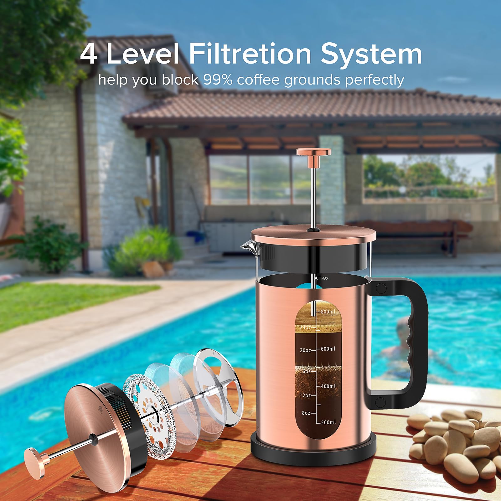 QUQIYSO French Press Coffee Maker, 34oz, Stainless Steel Copper, Borosilicate Glass, 4 Filters, BPA Free, Easy to Clean, Model HT01