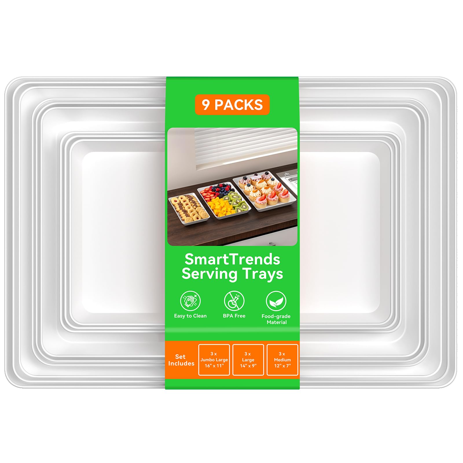 SmartTrends 9-Pack Serving Tray for Parties, Serving Platter in 3 Sizes for Entertaining, Camping & Food Display, Plastic Trays 