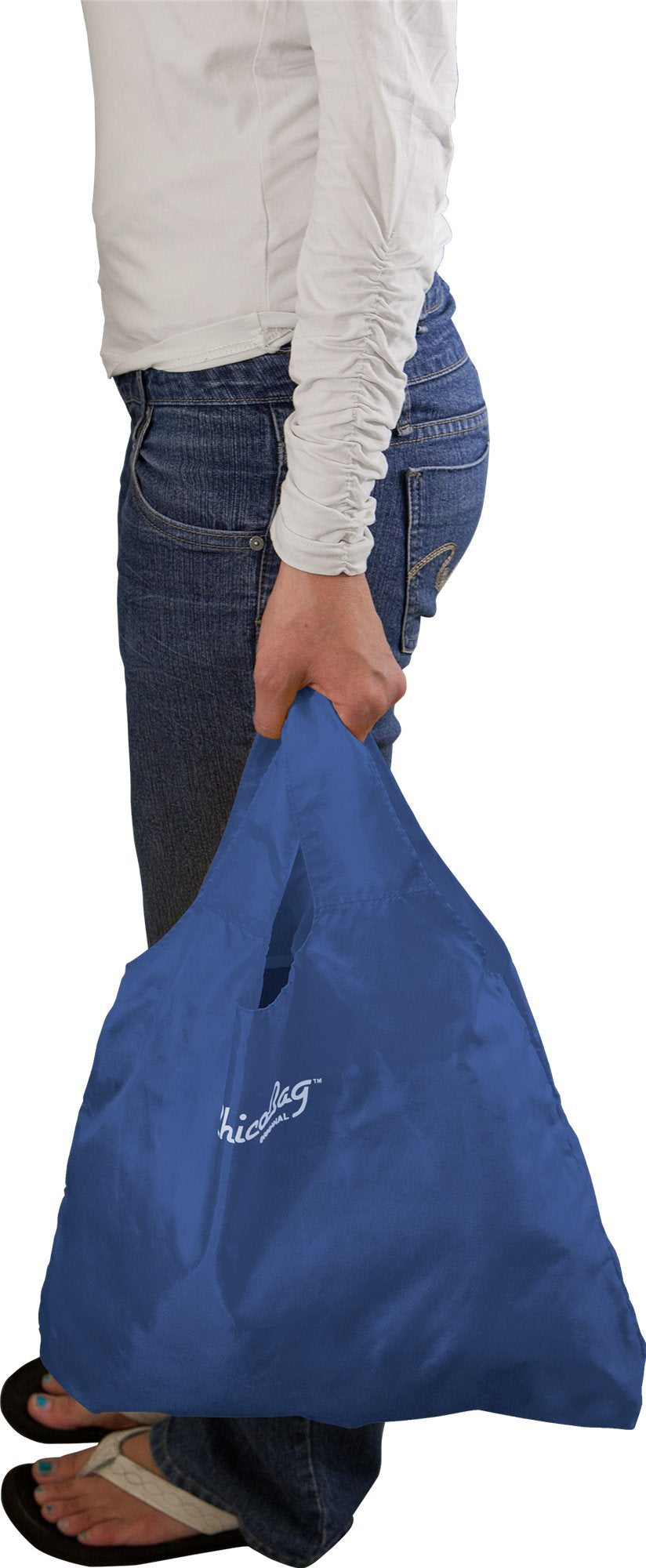 Chicobag Original Compact Reusable Grocery Bag With Attached Pouch And Carabiner Clip- 4 Pack Blue