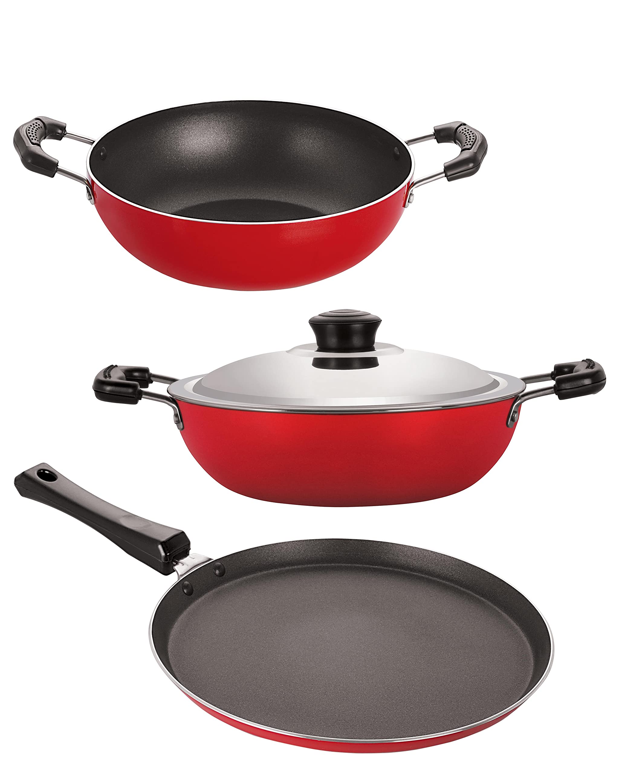 Set Of Tawas & Kadai (Flattawa 30 Cm, Kadai 2 Ltr, Deep Kadai With Lid  Medium 2.2 Ltr) Aluminium NonStick Red & Black