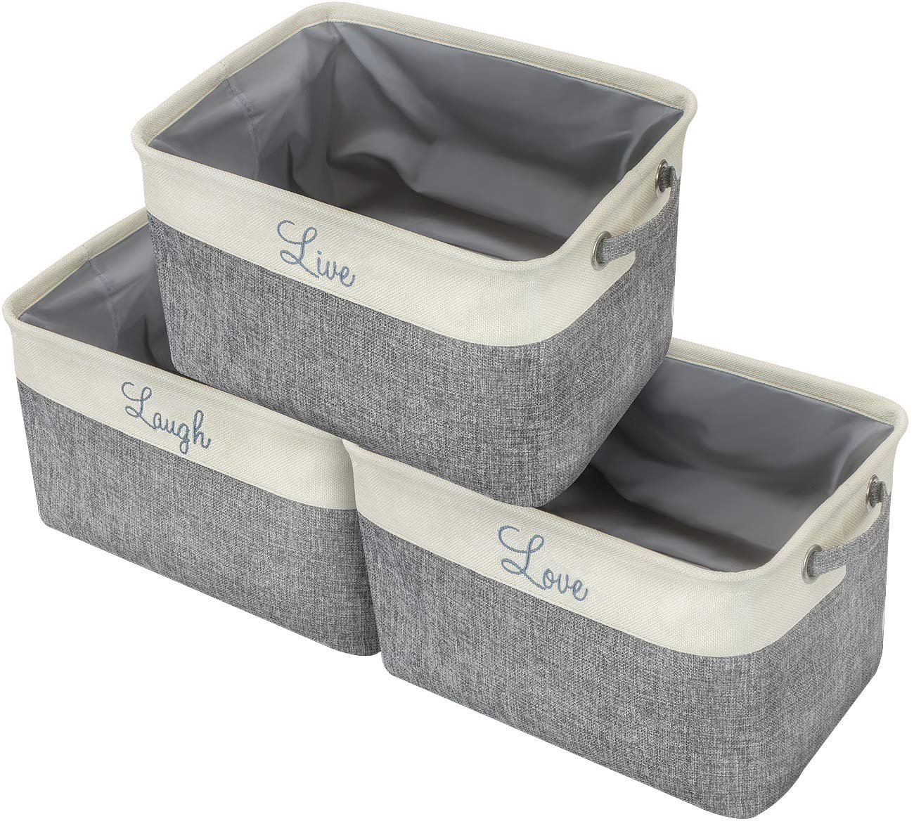 Sorbus Fabric Storage Cubes 15 Inch, 3 Pack, Grey, Jute And Cotton, Rectangular Baskets With Script Text, Foldable Storage Bins
