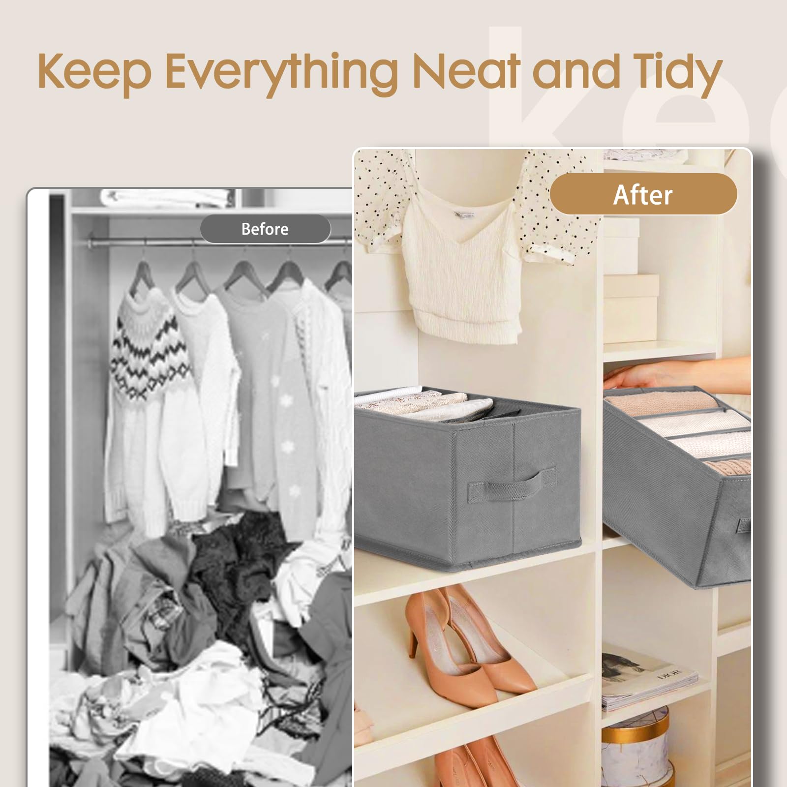 6 Pack Large Clothes Organizer, Wardrobe Closet Organizer and Storage with Handles, Foldable Fabric Closet Organizers Dividers f