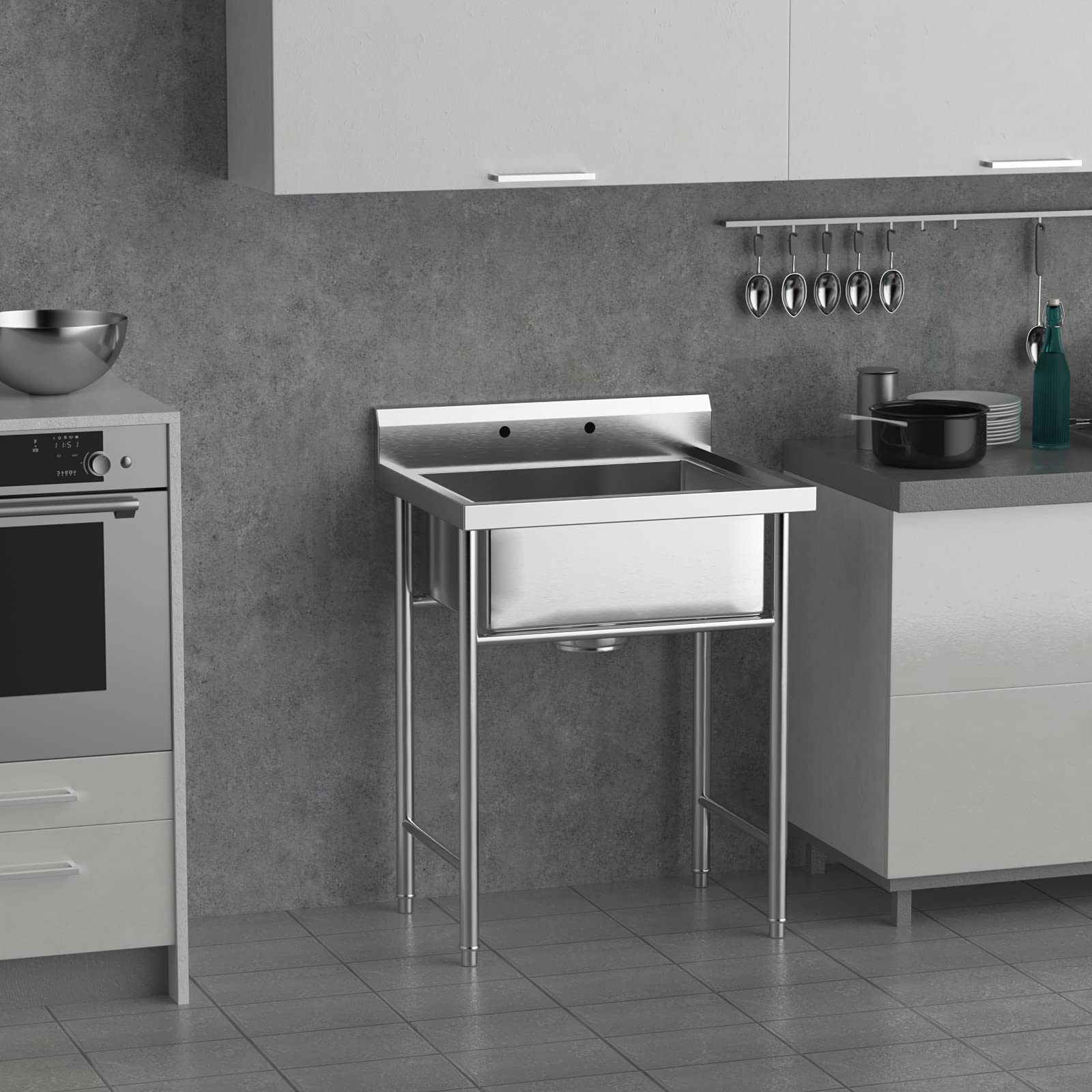 Vingli Upgraded Free Standing 304 Stainless Steel Utility Sinks For Laundry Room With Backsplash, Industrial Garage Sink Commerc