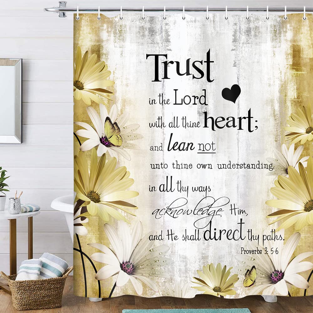 Rustic Farmhouse Yellow Shower Curtain Bible Verse Inspirational Shower Curtain Country Farm Bright Beige Daisy Flowers Butterfl