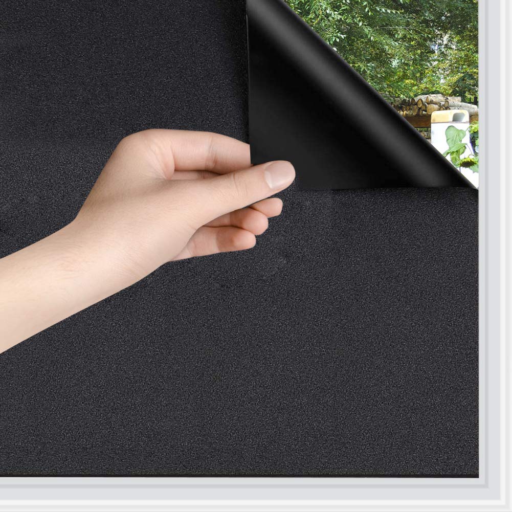 WPCTEV Static Cling Total Blackout Privacy Window Film Cover 100% Light Blocking No Glue Black Window Tint for Home Room Darkeni