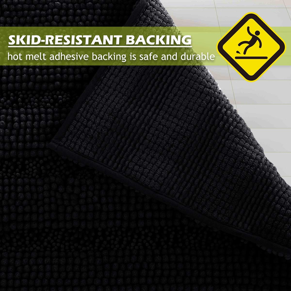 Kgorge Black Bath Mat - Quick Drying Bathroom Rugs Non-Slip Water Absorbent Thick Shaggy Chenile Shower Rug For Toilet Tub Kitch