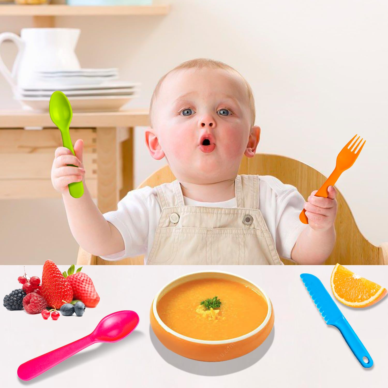 Jawbush 16 Pcs Kids Plastic Spoons, Reusable Toddler Utensils Kids Silverware Set with Bright Colors, Ideal for Travel School Lu