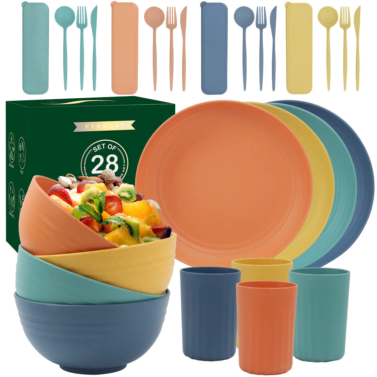 28 Piece Wheat Straw Dinnerware Sets,Dishwasher & Microwave Safe Plates And Bowls Sets - Unbreakable Plastic Dinnerware Sets For