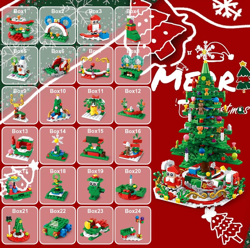 Advent Calendar 2025 Christmas Tree Building Blocks Set, 24 Days Christmas Countdown Building Block Kit, 24 IN 1 Christmas Build