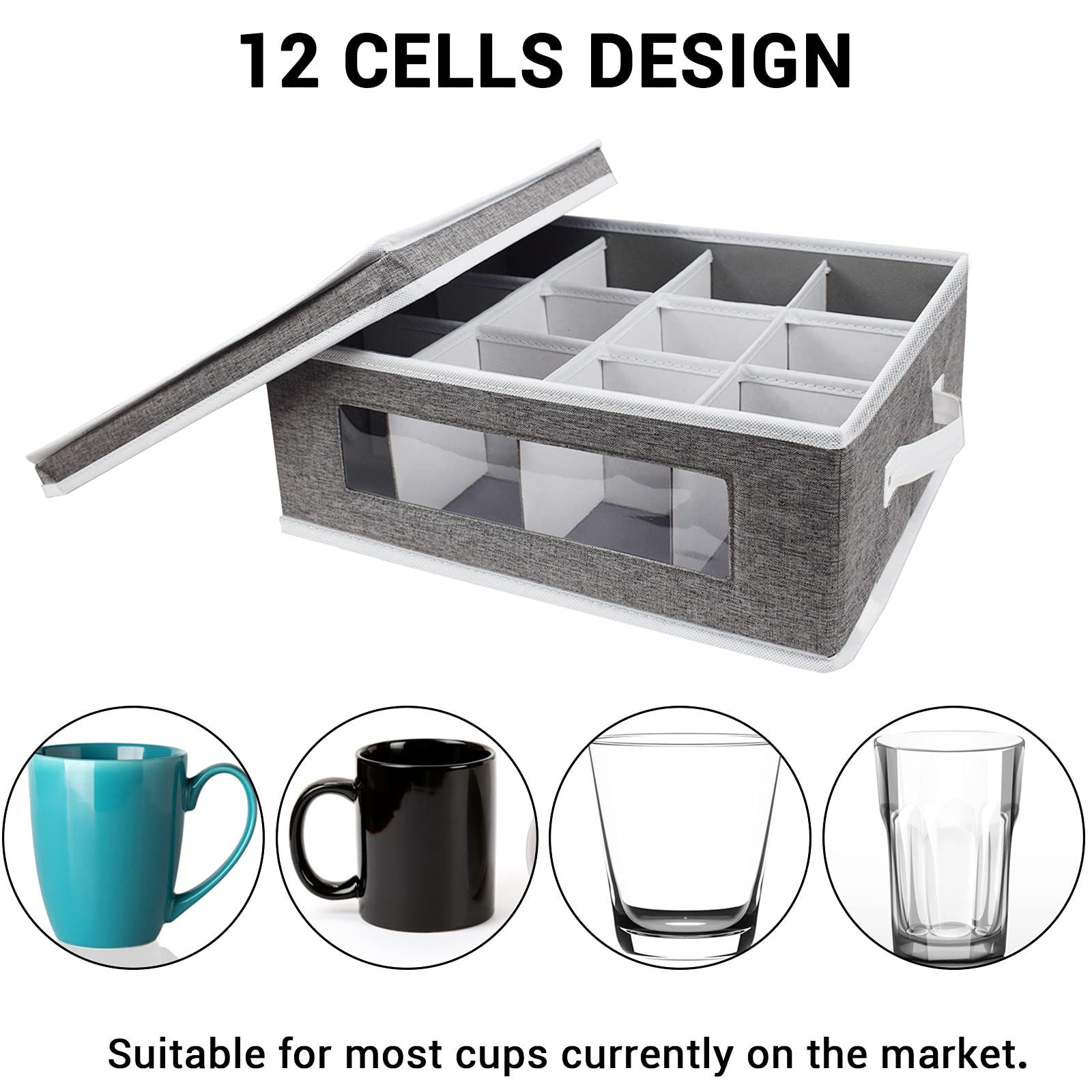 homyfort Mug Storage Box  China Storage Containers Organizer Hard Shell with Dividers for 12 Coffee Mugs  Tea Cup  Moving & Packing (Grey)