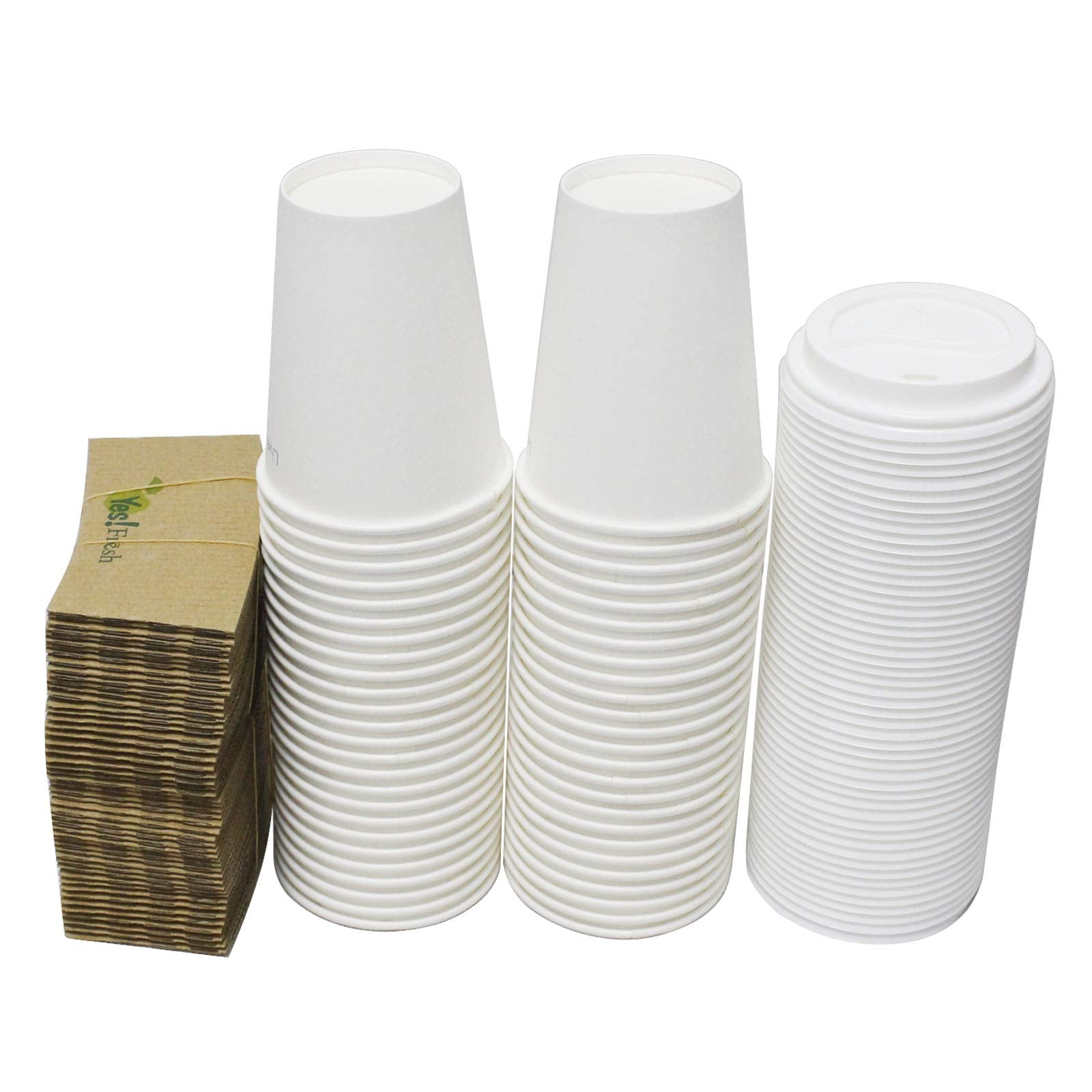 50 Pack White Coffee Cups With Lids And Sleeves ,12Oz Disposable Paper Coffee Cups , To Go Cups For Hot Chocolate, Tea, Hot/Cold
