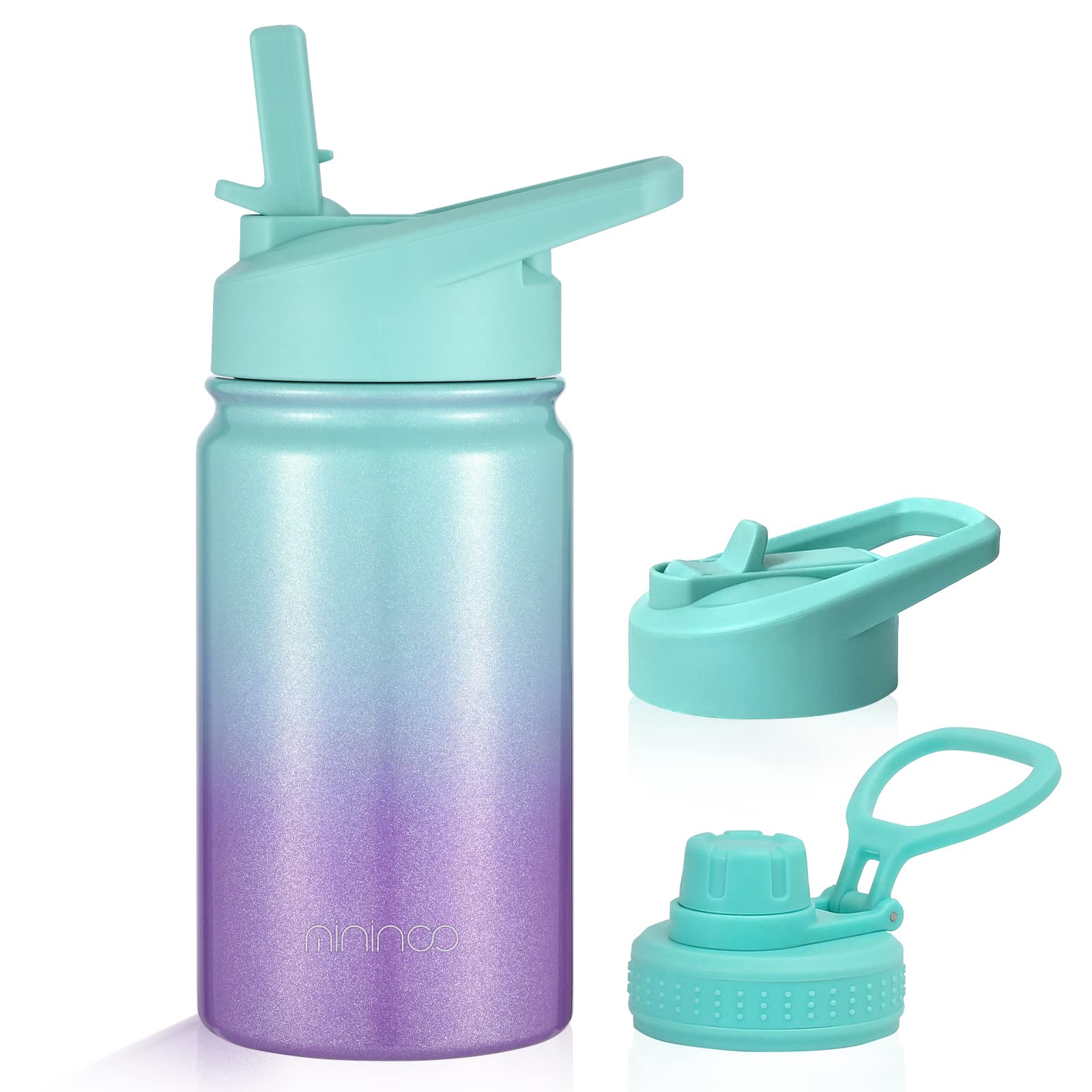 Mininoo Insulated Kids Water Bottle, 12 oz Stainless Steel Water Bottle Kids with Straw Lid and Chug Lid for Girls, Boys (Aurora