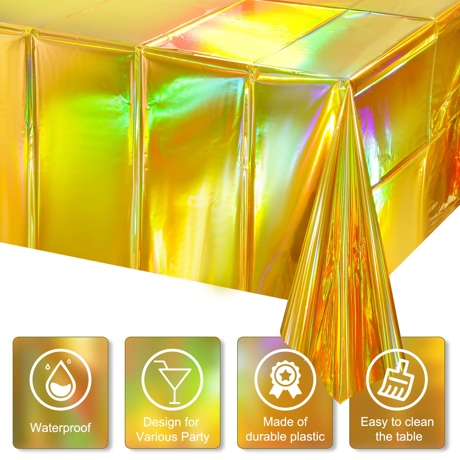 4 Pack Gold Iridescent Plastic Tablecloths Shiny Disposable Laser Rectangle Table Covers Holographic Foil Tablecloth Iridescent