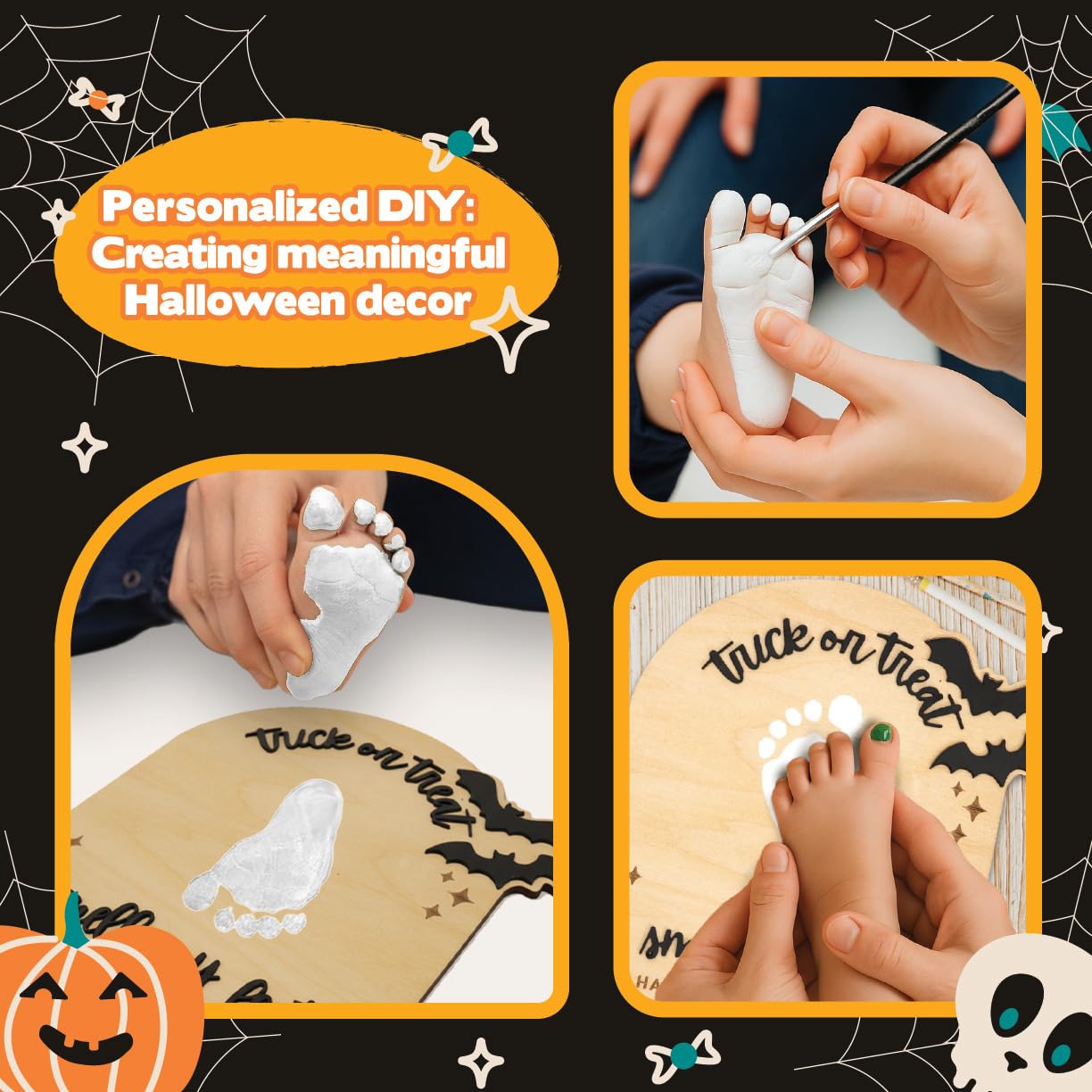 Babys First Halloween DIY Footprint Kit - Trick or Treat Wooden Milestone Card Keepsake Sign - Baby halloween Nursery Tabletop D