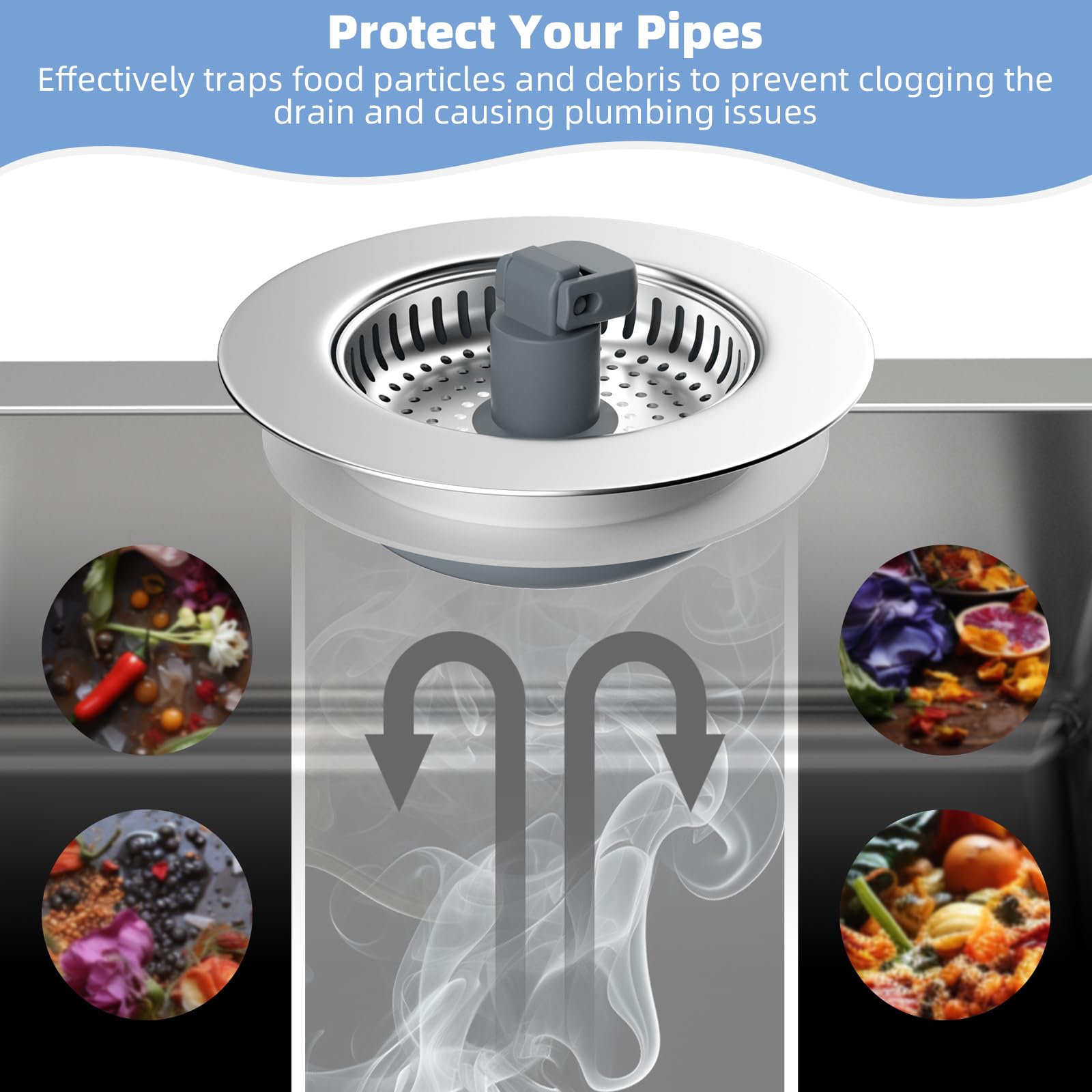 Hibbent Universal 3 In 1 Kitchen Sink Drain Strainer With Sink Stopper, Stainless Steel Wrapped Shell, Sus304 Anti-Clogging Bask