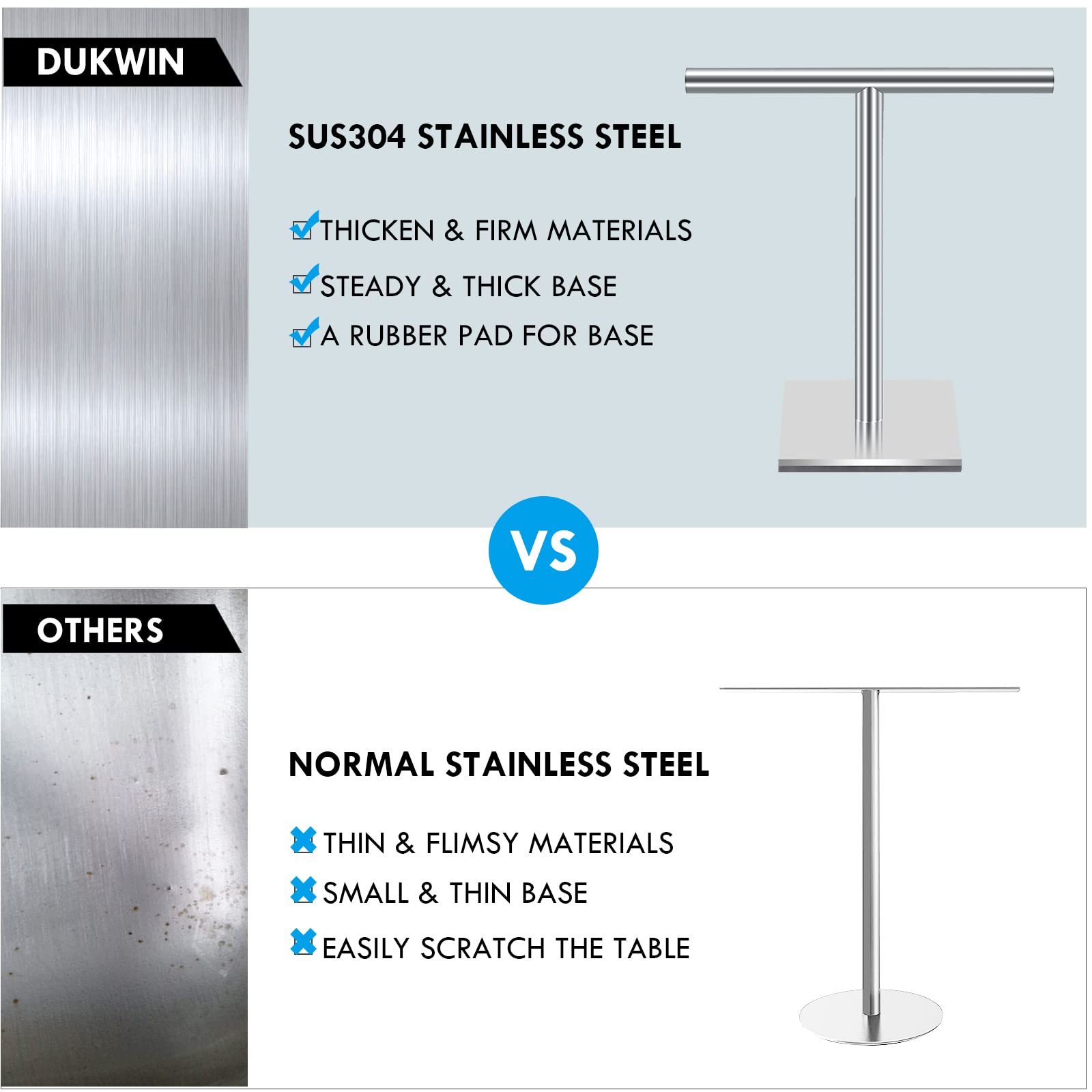 Dukwin Hand Towel Holder, Sus304 Stainless Steel Hand Towel Stand T-Shaped Silver Brushed Finish Freestanding Rack For Bathroom