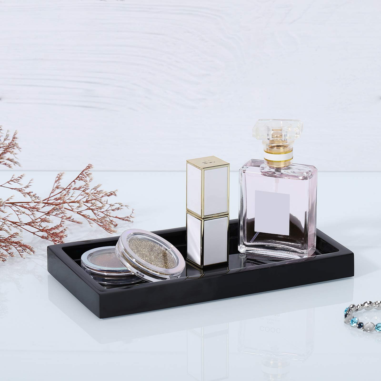 Emibele Vanity Tray  8 '' Rectangular Resin Bathroom Kitchen Sink Counter Organizer Tray Dresser Tray Jewelry Ring Dish Holder Cosmetic Tray for Perfume Candle Small Plant Home Decor  Mini  Black