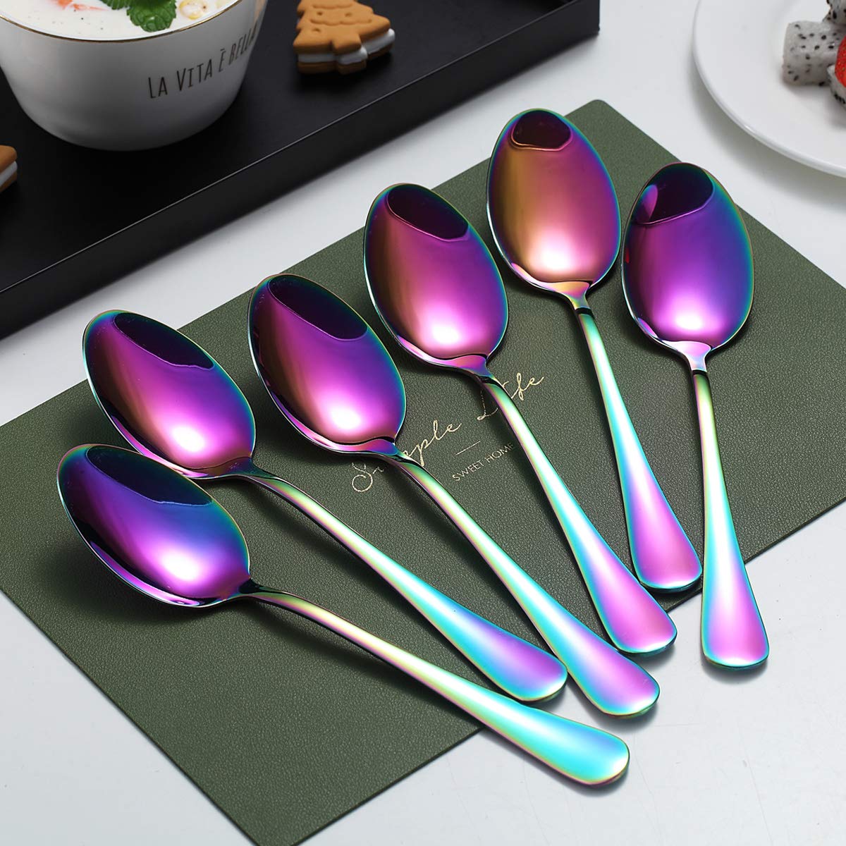 Rainbow Dinner Spoons, Kyraton 6 Pieces 7.5'' Stainless Steel Table Spoon With Titanium Colorful Plating, Rainbow Soup Spoons, D