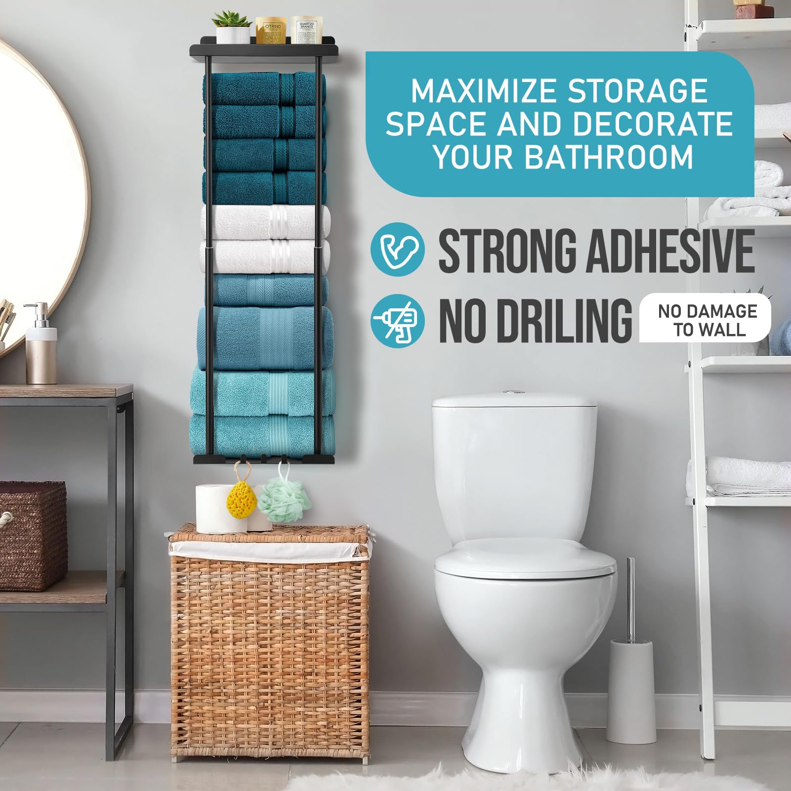 Hommtina Bathroom Towel Storage Black Towel Holder Bathroom Decor Aesthetic Towel Racks For Bathroom Bath Towel Storage For Roll