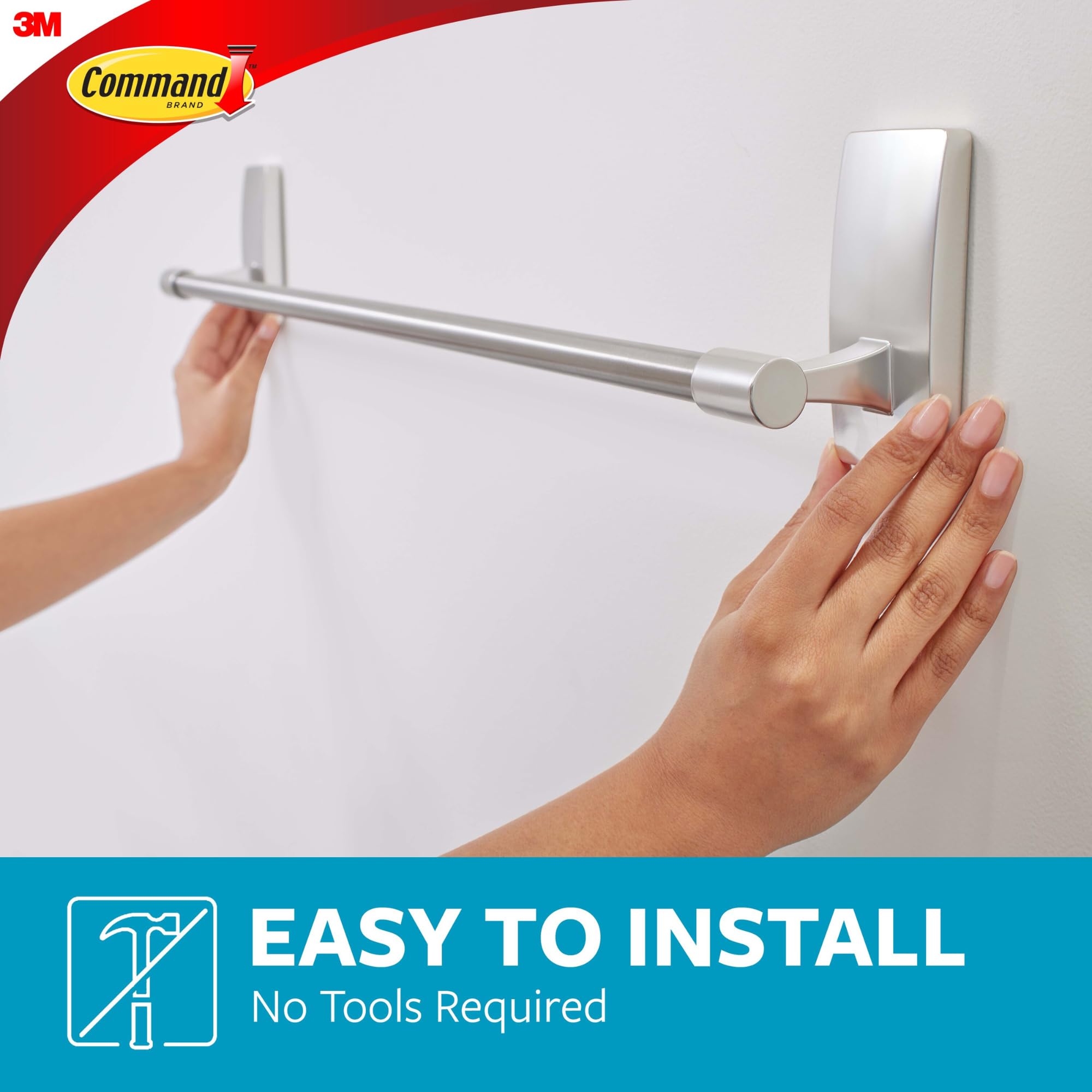 Command Bath Satin Nickel Towel Bar With Water Resistant Command Strips, Bathroom Organizer, 24 In Bar Length Holds Up To 10 Lbs