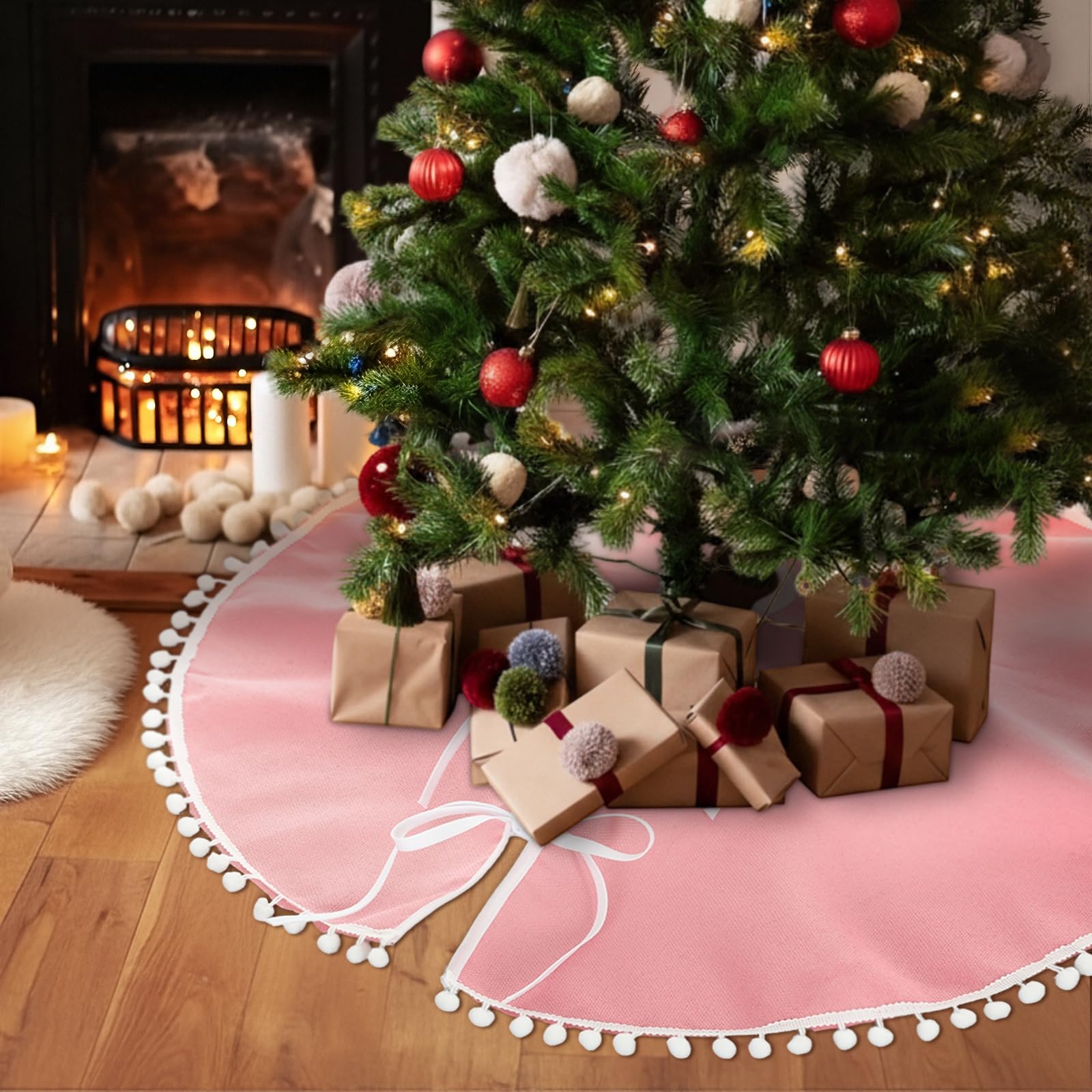 Syhood 30 Inch Christmas Tree Skirt Xmas Pink Linen Burlap Tree Skirt Base Cover with Pom Trim for Xmas Winter Home Decorations